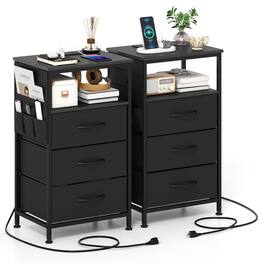 Costway - 2 PCS Nightstand with Charging Station, 3 Fabric Drawers, Open Shelf & Side Pocket - Black 3 Drawers