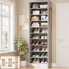Aheaplus - 79.5'' Tall 10-Tier Freestanding Wooden Shoe Rack Tower with 2 Hooks - Gray