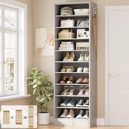 Front. Aheaplus - 79.5'' Tall 10-Tier Freestanding Wooden Shoe Rack Tower with 2 Hooks - Gray.