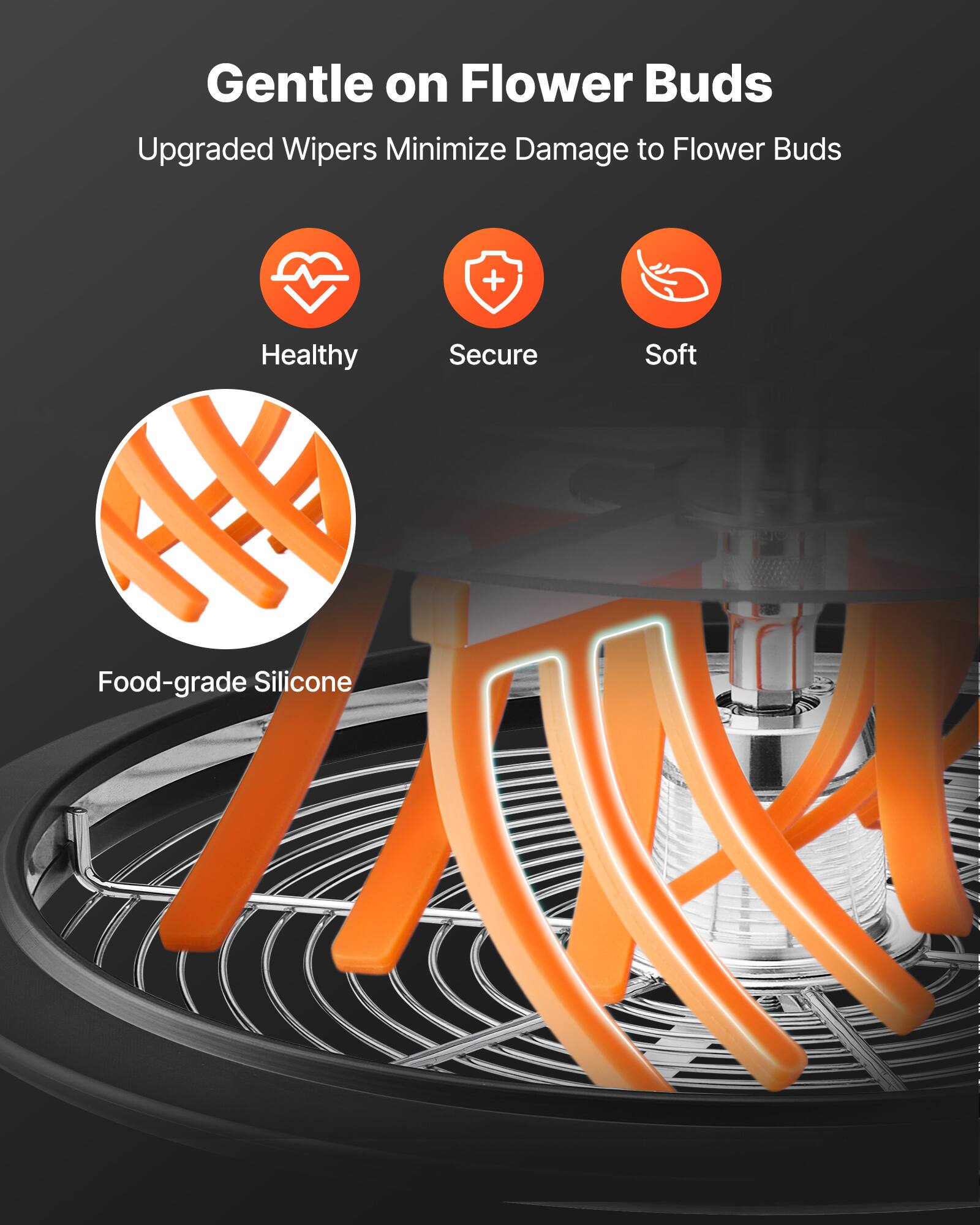 Gentle on Flower Buds  
Upgraded Wipers Minimize Damage to Flower Buds  

Healthy  
Secure  
Soft  

Food-grade Silicone