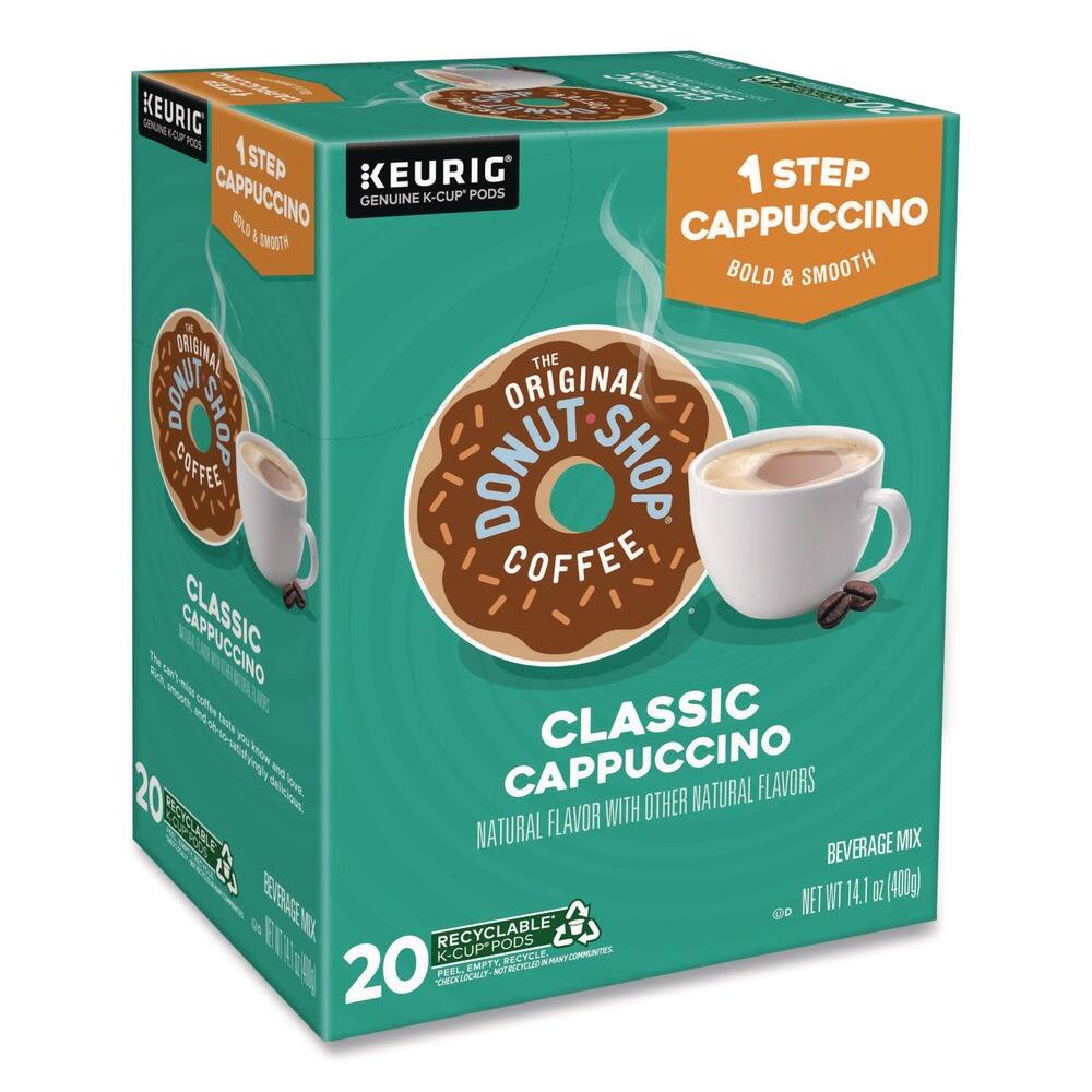 KEURIG  
1 STEP CAPPUCINO  
BOLD & SMOOTH  
GENUINE K-CUP PODS  

THE ORIGINAL DONUT SHOP COFFEE  
CLASSIC CAPPUCINO  
NATURAL FLAVOR WITH OTHER NATURAL FLAVORS  
BEVERAGE MIX  

20 RECYCLABLE K-CUP PODS  
NET WT 14.1 OZ (400g)  

RECYCLABLE PODS  
EMPTY. RECYCLE.