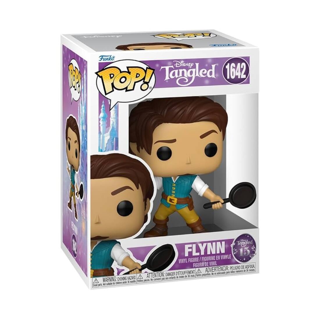 Sure, here is the corrected and grouped text from the image:

---

**Top Left:**
- Funko POP!

**Top Center:**
- Disney Tangled 1642

**Center:**
- Flynn
- Tangled 15

**Bottom Center:**
- VINYL FIGURE / FIGURINE EN VINYLE / FIGURA DE VINIL
- WARNING: CHOKING HAZARD - Small parts. Not for children under 3 years. / ATTENTION: PELIGRO DE ASFIXIA - Piezas pequeñas. No es adecuado para niños menores de 3 años.

**Bottom Left:**
- WARNING: CHOKING HAZARD - Small parts. Not for children under 3 years. / ATTENTION: PELIGRO DE ASFIXIA - Piezas pequeñas. No es adecuado para niños menores de 3 años.

**Bottom Right:**
- ADVERTENCIA: PELIGRO DE ASFIXIA - Piezas pequeñas. No es adecuado para niños menores de 3 años.

---