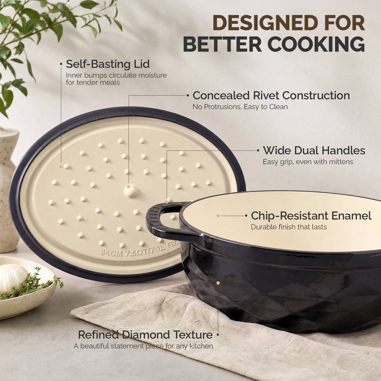 DESIGNED FOR BETTER COOKING

- Self-Basting Lid
  Inner bumps circulate moisture for tender meals

- Concealed Rivet Construction
  No Protrusions, Easy to Clean

- Wide Dual Handles
  Easy grip, even with mittens

- Chip-Resistant Enamel
  Durable finish that lasts

34CM 7.5QT/7.1L

Refined Diamond Texture
A beautiful statement piece for any kitchen