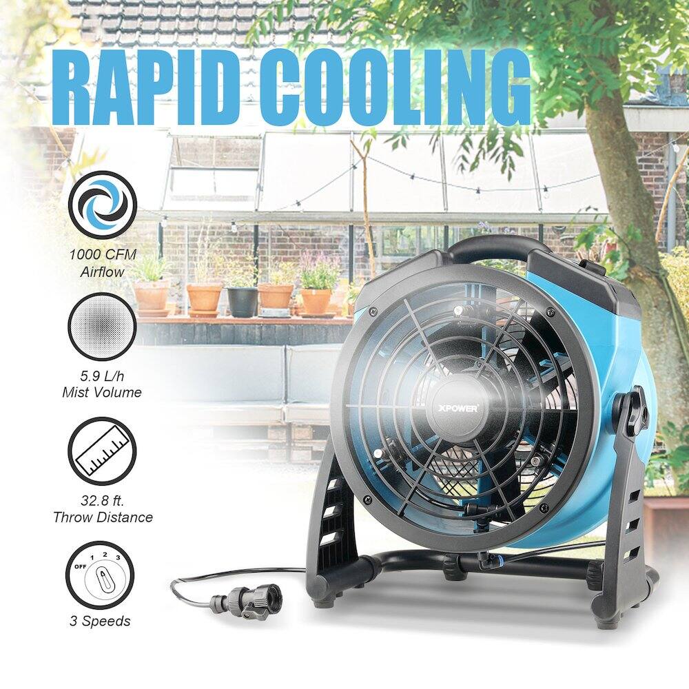RAPID COOLING  
1000 CFM Airflow  
5.9 L/h Mist Volume  
32.8 ft. Throw Distance  
3 Speeds