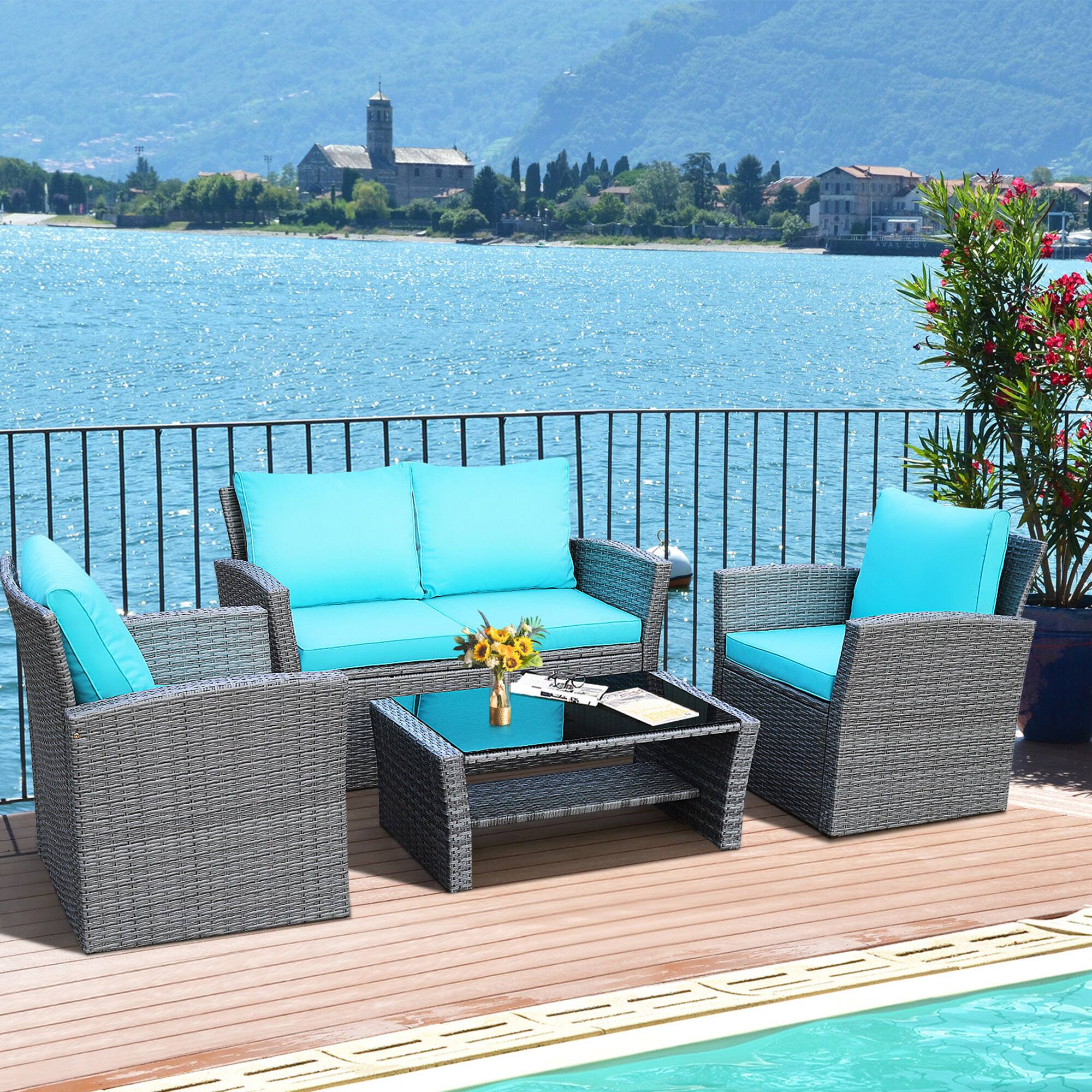 Alt View 2. Gymax - Gymax 4PCS Patio Rattan Conversation Set Outdoor Furniture Set w/ Turquoise Cushions - Turquoise.