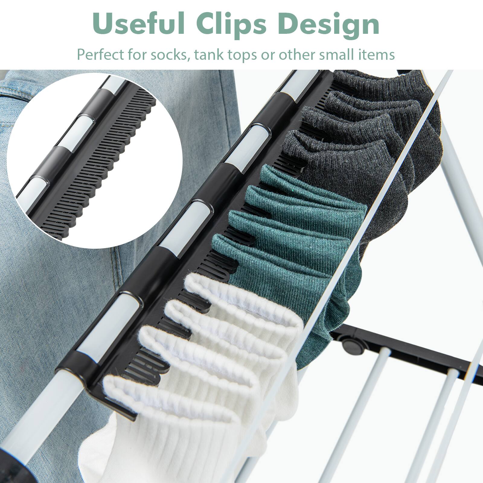 Useful Clips Design  
Perfect for socks, tank tops or other small items