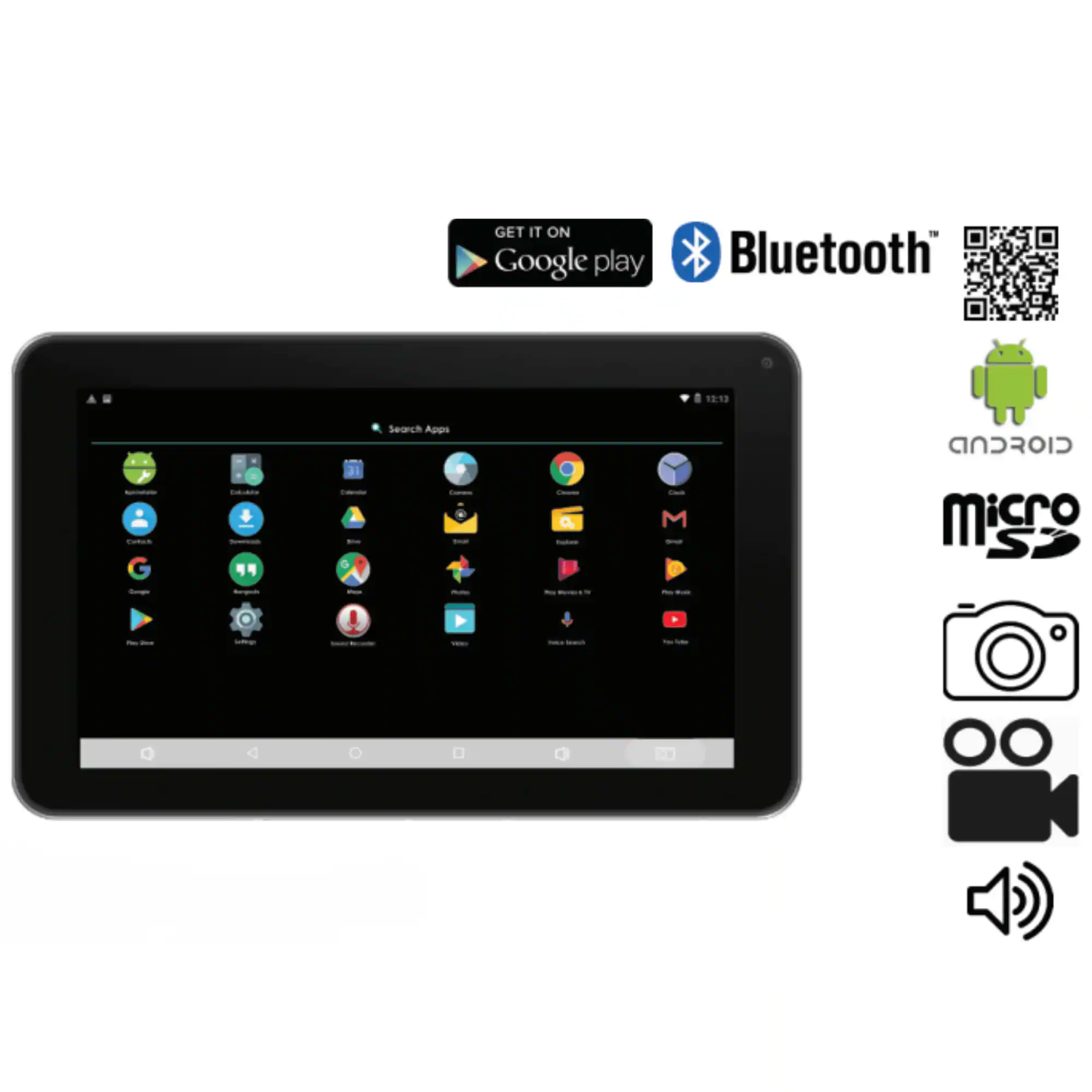 GET IT ON Google play Bluetooth

12:13

Search Apps

ANDROID

micro

Camera

Video