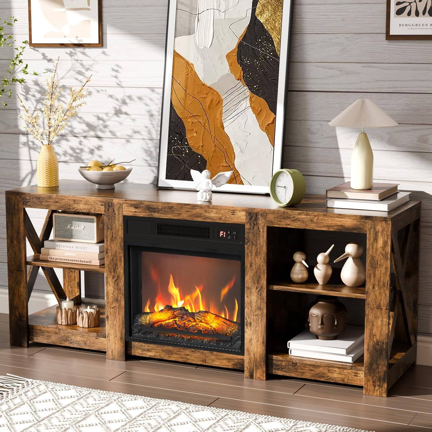 Alt View 6. Winado - 70" Fireplace TV Stand Table with Remoted 18" Embedded Electric Fireplace Heater Entertainment Center for Up to 70in TVs - Rustic Brown.
