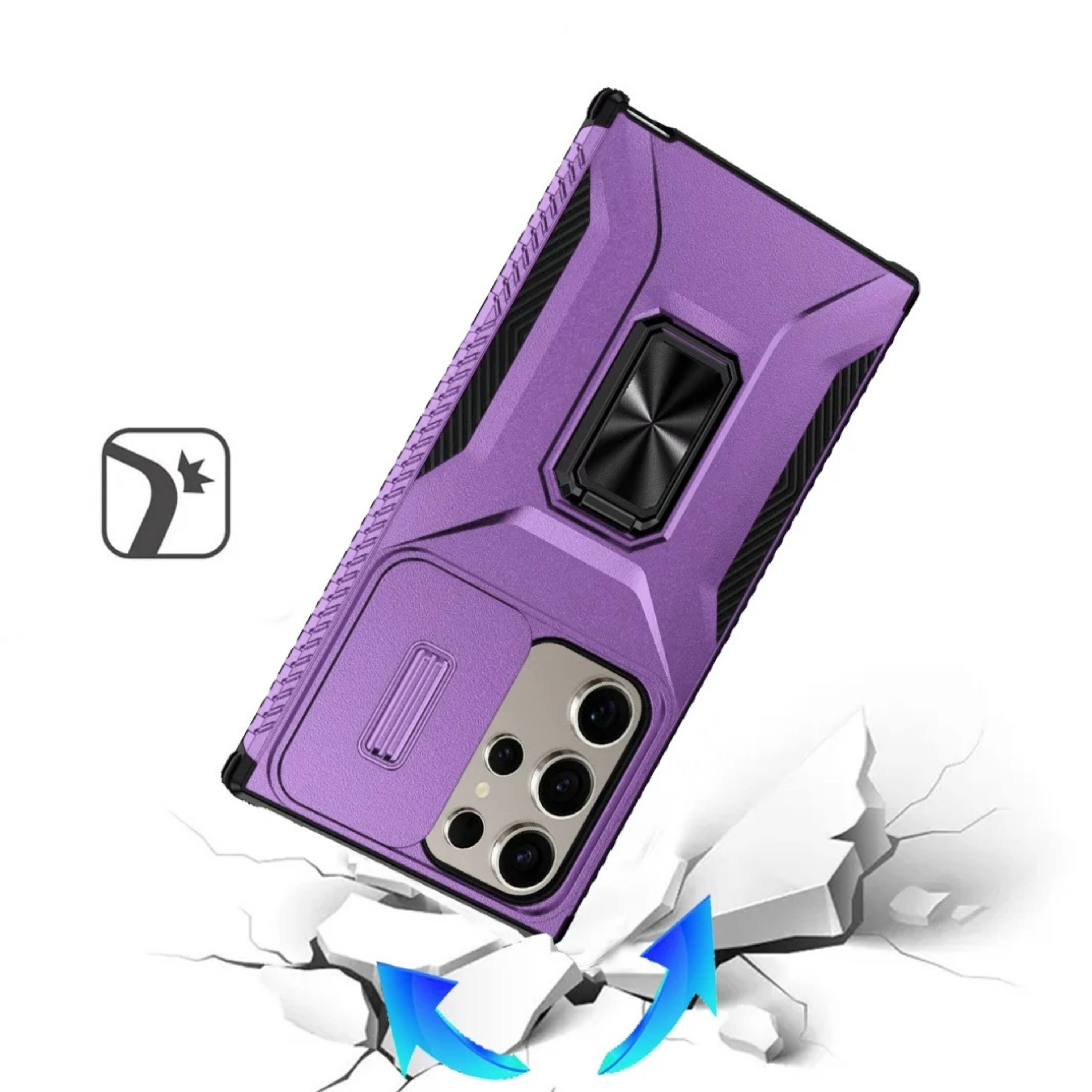 Angle. Kitcheniva - Heavy Duty Magnetic Ring Stand Protective Phone Case With Tempered Glass For Samsung S25 Ultra Purple - Purple.