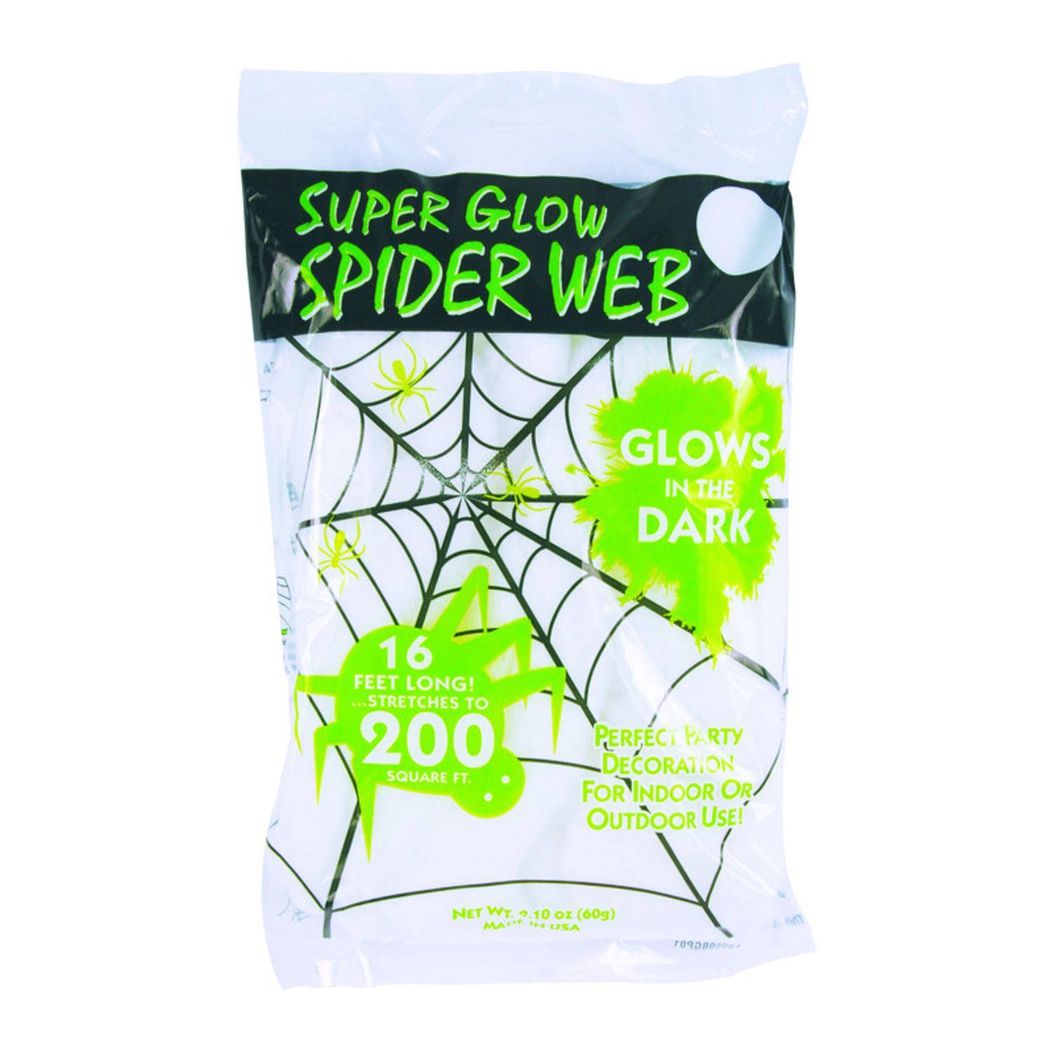 SUPER GLOW SPIDER WEB GLOWS IN THE DARK 16 FEET LONG! ...STRETCHES TO 200 SQUARE FT. PERFECT PARTY DECORATION FOR INDOOR OR OUTDOOR USE! NET WT 9 10 Oz (60g) MADE IN USA