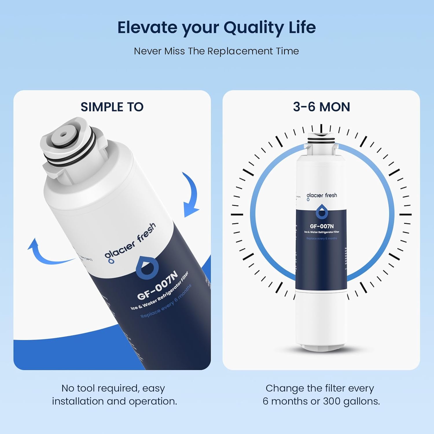 Elevate your Quality Life  
Never Miss The Replacement Time  

SIMPLE TO  
No tool required, easy installation and operation.  

3-6 MON  
Change the filter every 6 months or 300 gallons.  

glacier fresh  
GF-007N  
Ice & Water Refrigerator Filter  
Replace every 6 months