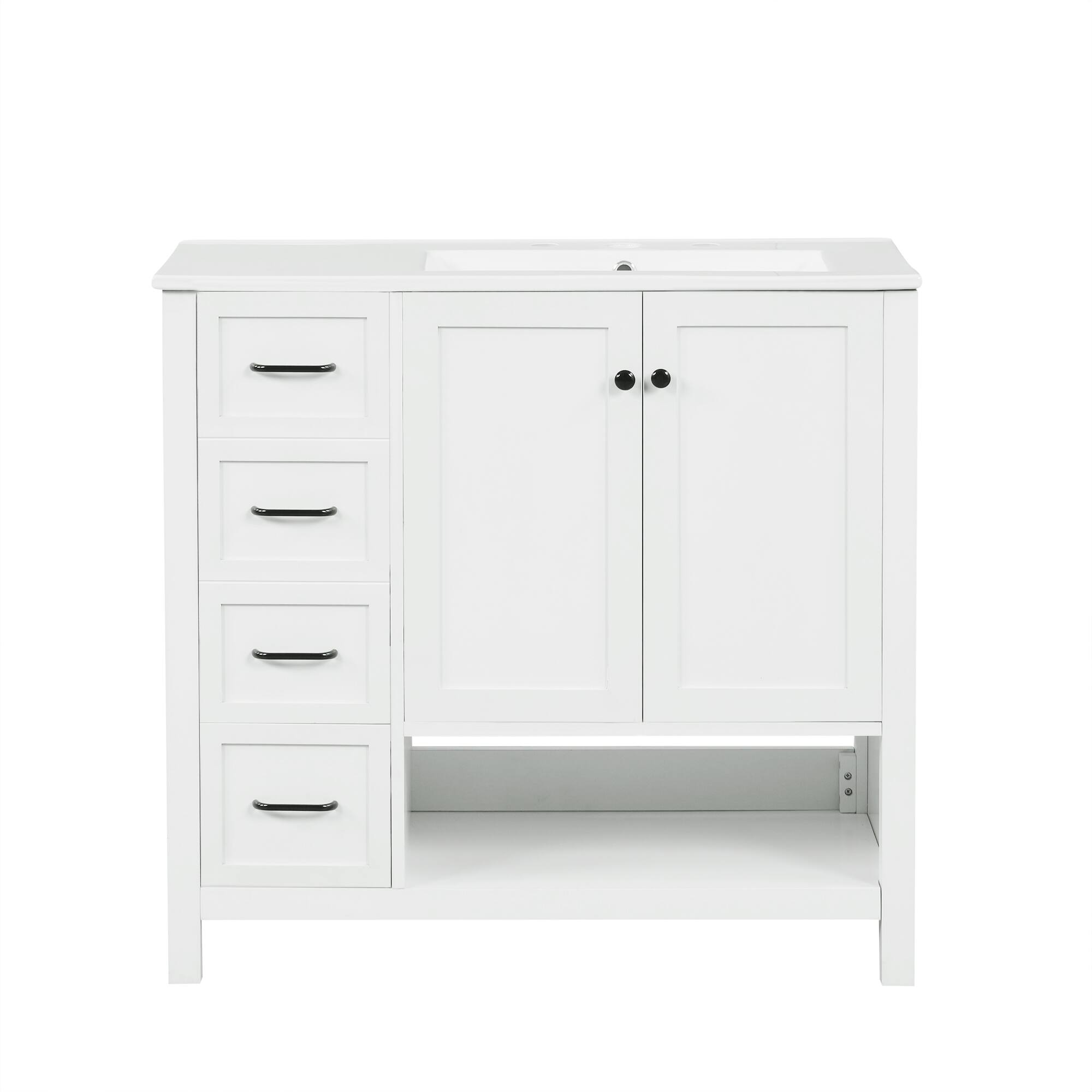 Back. Whisen - 36 Inch Bathroom Vanity with Right Side Ceramic Sink Combo and Single Open Shelf Storage Cabinet - White.