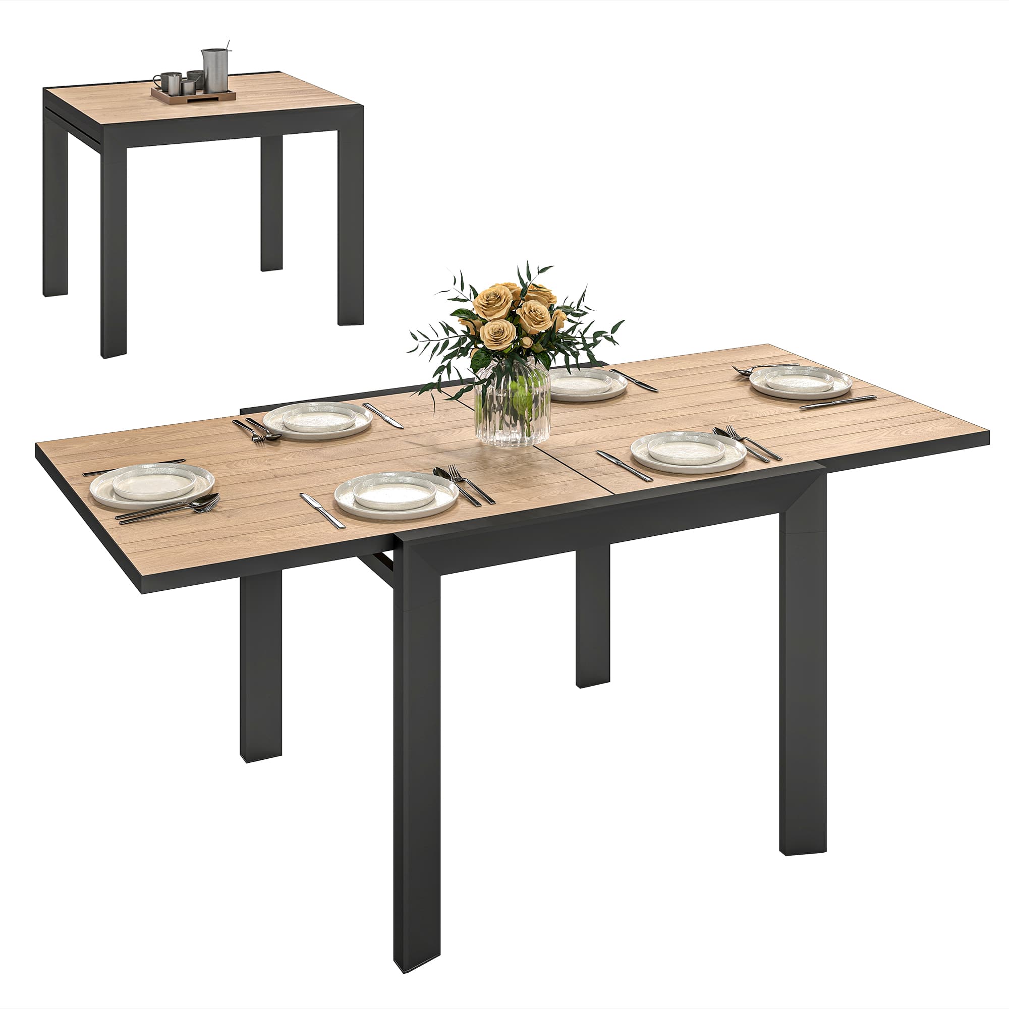 Outsunny - Aluminum Outdoor Dining Table for 4-6 People, 35.5" -71" Expandable Patio Table, Square/Rectangular Outdoor Furniture - Natural Wood