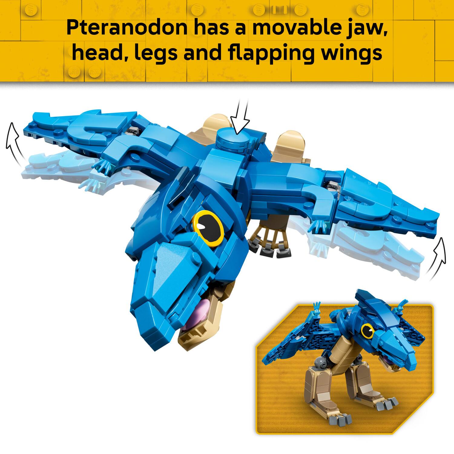 A 2377 LN H0 ELN Pteranodon has a movable jaw, head, legs and flapping wings