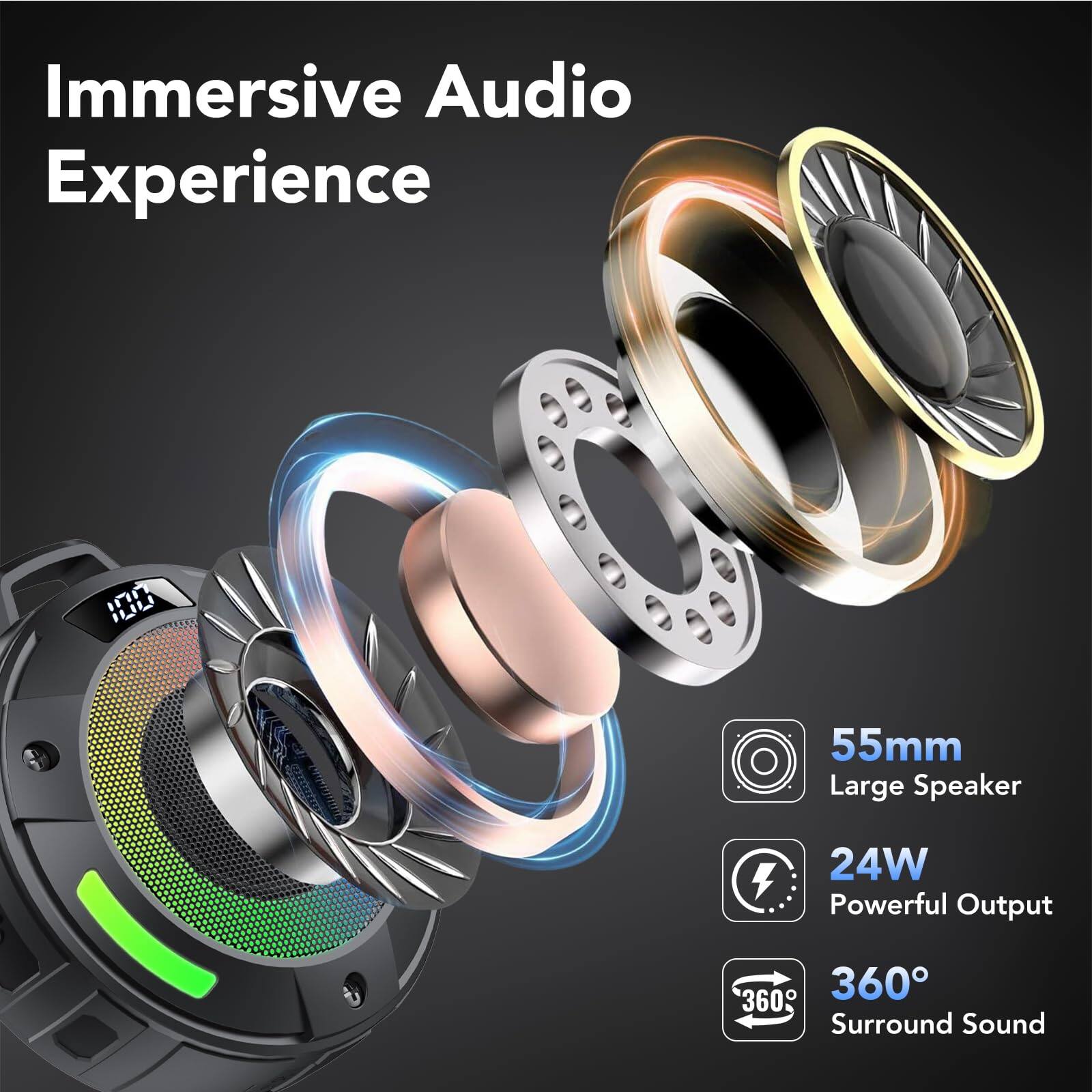 Immersive Audio Experience

55mm Large Speaker  
24W Powerful Output  
360° Surround Sound