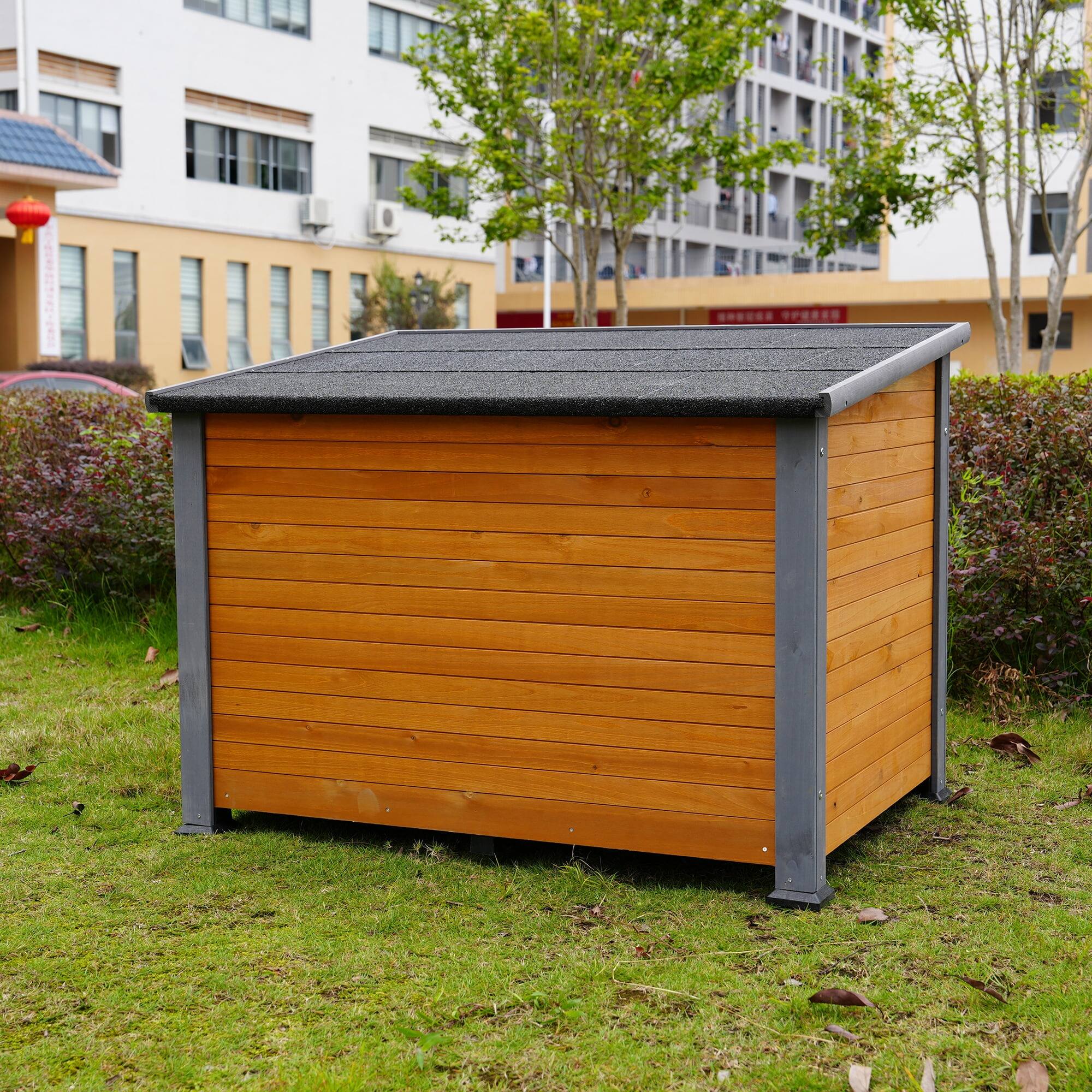 Left. Pefilos - 44" Wood Dog House for Medium Dogs with Plastic Curtain, Insulation Mat, Outdoor Weatherproof Pet Cat House.