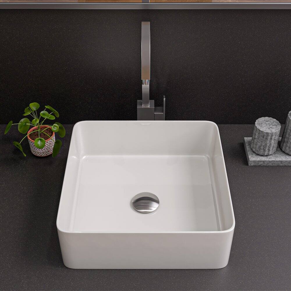 Left. Alfi - White 16" Modern Square Above Mount Ceramic Sink - White.