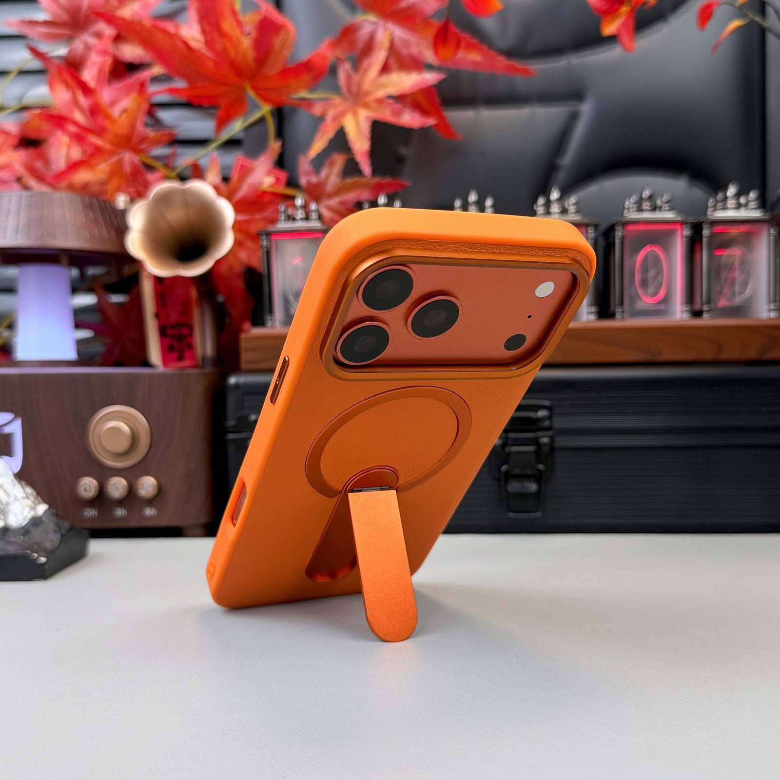 Alt View 4. Dteck - Rugged Magnetic Case for Apple iPhone 17 Pro Max with Integrated Stand, Slim Shockproof Dual Layer Protective Cover - Orange.