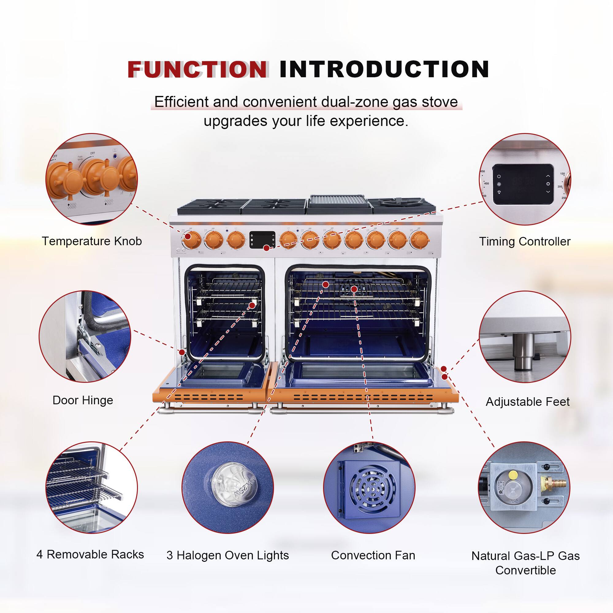 FUNCTION INTRODUCTION  
Efficient and convenient dual-zone gas stove upgrades your life experience.  

- Temperature Knob  
- Timing Controller  
- Door Hinge  
- Adjustable Feet  
- 4 Removable Racks  
- 3 Halogen Oven Lights  
- Convection Fan  
- Natural Gas-LP Gas Convertible