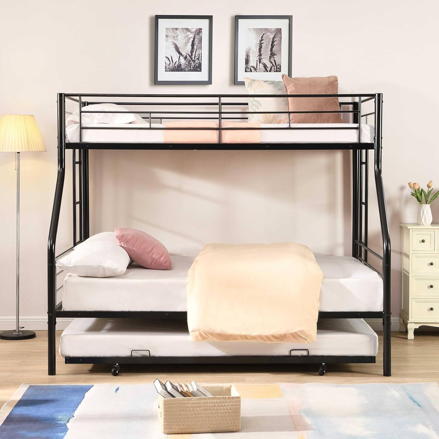 Alt View 2. Trinkets Crazed - Twin Over Full Bunk Bed with Trundle, Sturdy Metal Frame Beds, Twin Over with 2 Ladders - black.