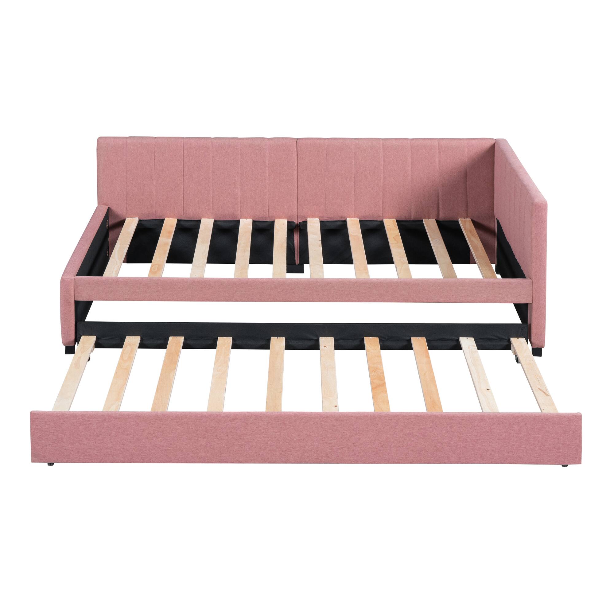 Left. Tiramisubest - Upholstered Daybed with Trundle Twin Size Sofa Bed Frame No Box Spring Needed, Linen Fabric(Pink) - Pink.