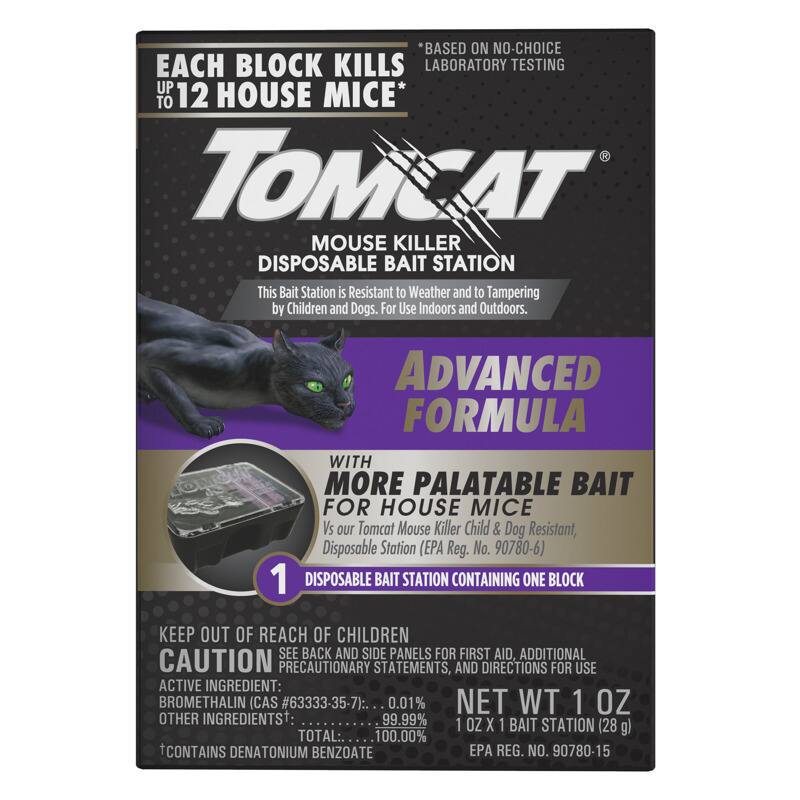 *BASED ON NO-CHOICE LABORATORY TESTING*

EACH BLOCK KILLS UP TO 12 HOUSE MICE

TOMCAT MOUSE KILLER DISPOSABLE BAIT STATION

This Bait Station is Resistant to Weather and to Tampering by Children and Dogs. For Use Indoors and Outdoors.

ADVANCED FORMULA WITH MORE PALATABLE BAIT FOR HOUSE MICE

Vs our Tomcat Mouse Killer Child & Dog Resistant, Disposable Station (EPA Reg. No. 90780-6)

1 DISPOSABLE BAIT STATION CONTAINING ONE BLOCK

KEEP OUT OF REACH OF CHILDREN

CAUTION

SEE BACK AND SIDE PANELS FOR FIRST AID, ADDITIONAL CAUTION PRECAUTIONARY STATEMENTS, AND DIRECTIONS FOR USE

ACTIVE INGREDIENT: BROMETHALIN (CAS #63333-35-7): 0.01%

OTHER INGREDIENTS: 99.99%

NET WT 1 OZ

CONTAINS DENATONIUM BENZOATE

EPA REG. NO. 90780-15