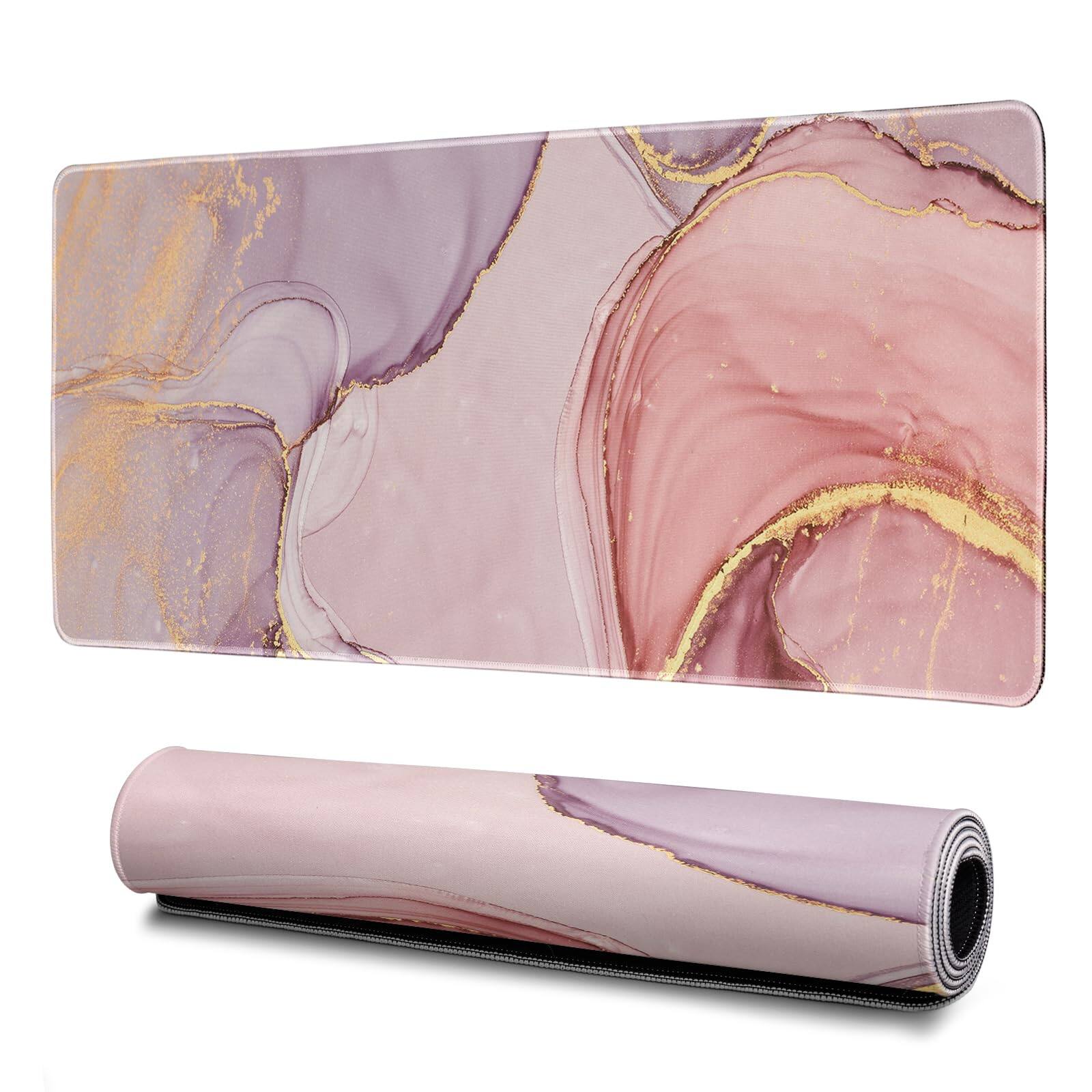 Earthley Blooms - Gaming Mouse Pad Abstract Black 31.. Sea Wave Texture Non-slip Rubber Base Large Mousepad Stitched Edges Mat - Rose Gold Marble