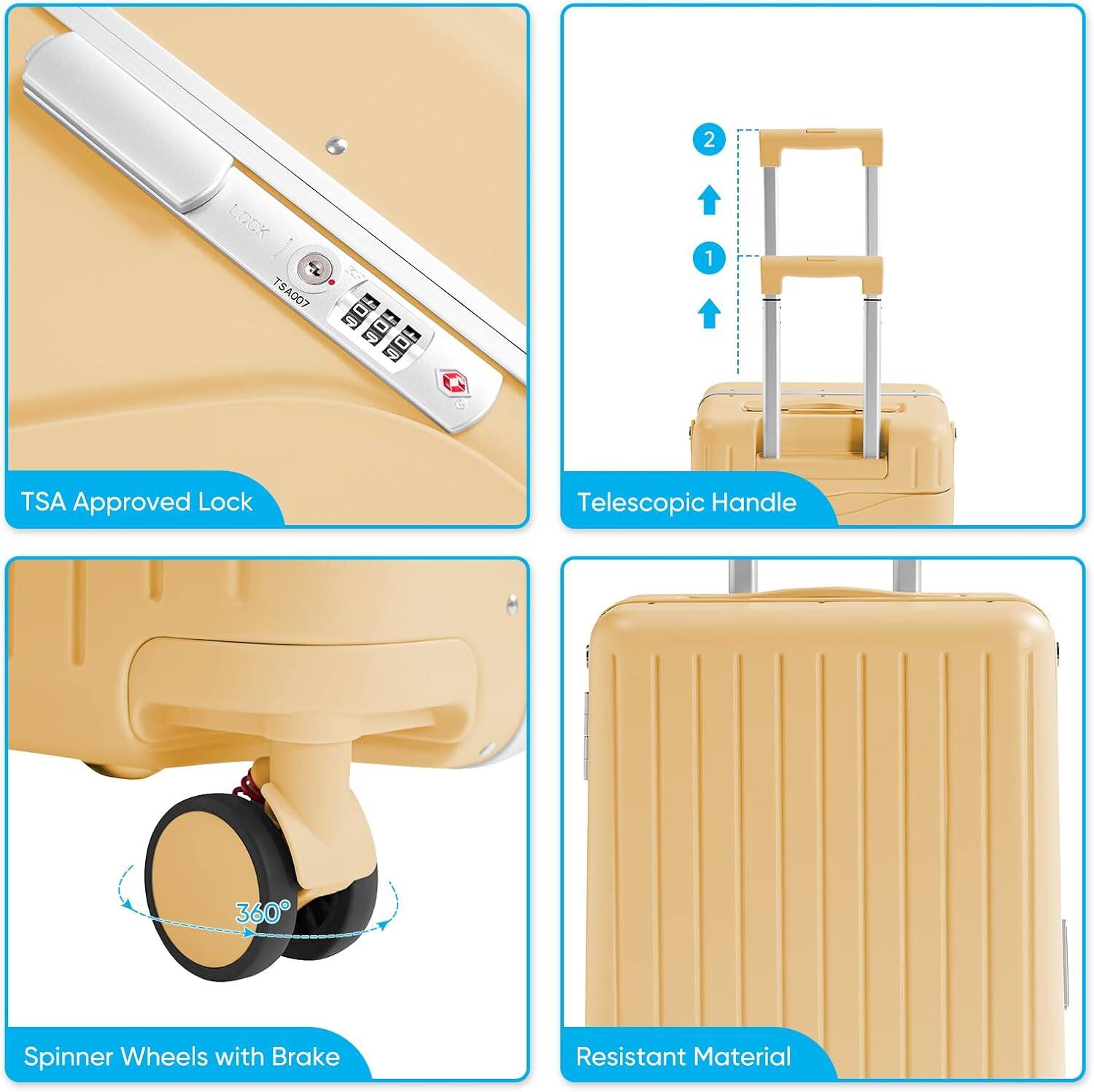 - TSA Approved Lock
- Telescopic Handle
- Spinner Wheels with Brake
- Resistant Material