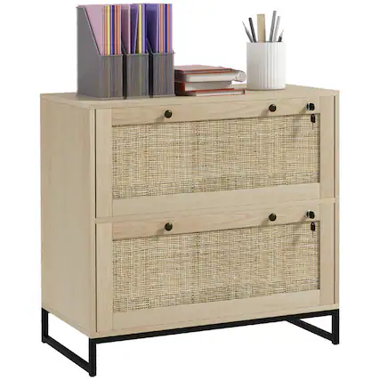 Front. HTUTWOO - 2 Drawer File Cabinet - Vertical Filing Cabinet with Lock and Keys, Rattan Drawers, Adjustable Hanging Bar for A4 Size - Natural.
