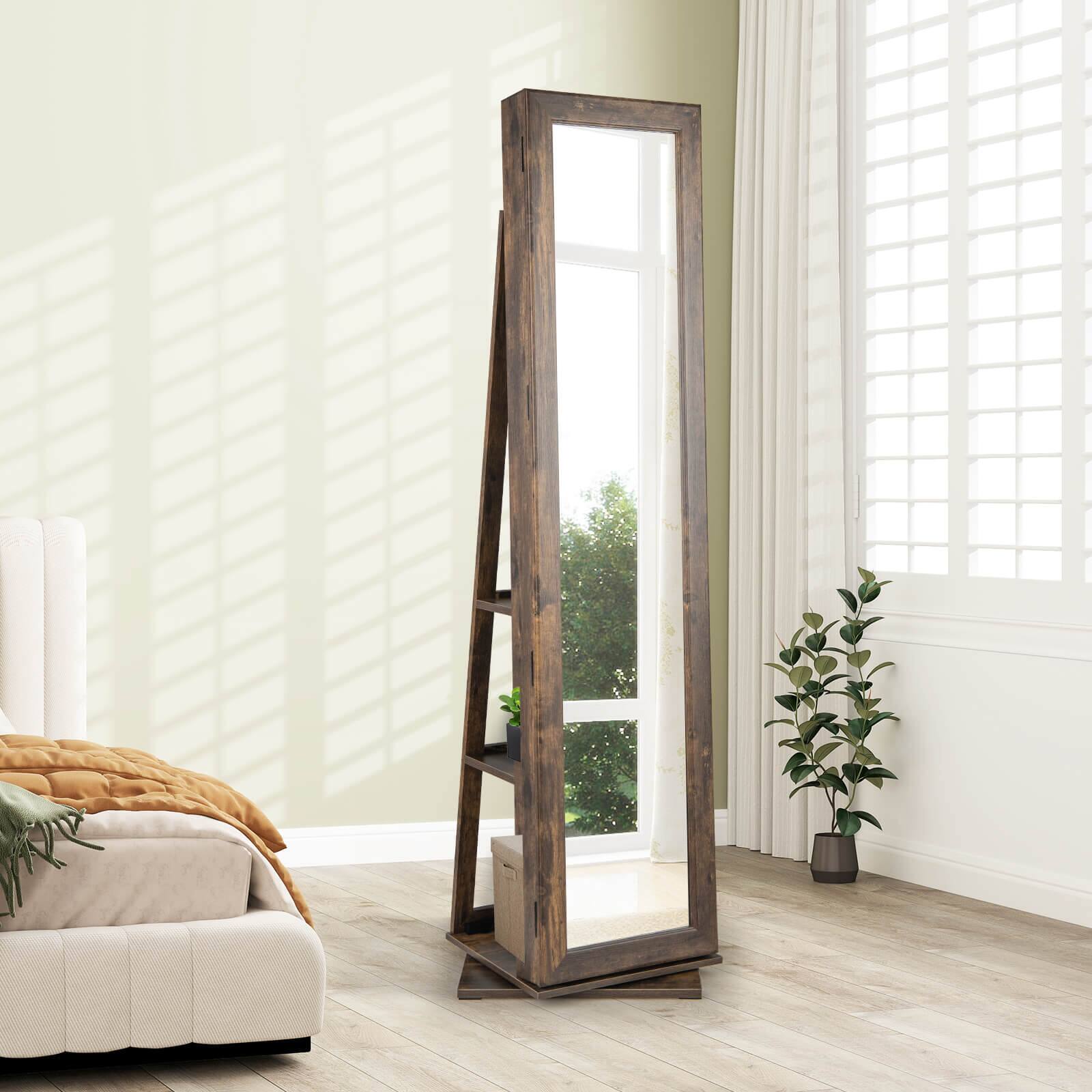 Alt View 3. Costway - Costway 360° Swivel Jewelry Armoire with Full-Length Mirror Rear Shelves Makeup Mirror - Brown.