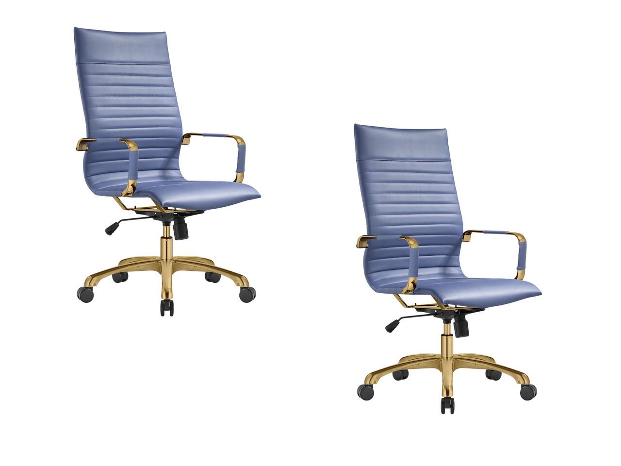 LeisureMod - Set of 2 Harris High-Back Leather Upholstered Office Desk Chair with Gold Stainless Steel Frame and Tilt - Navy Blue