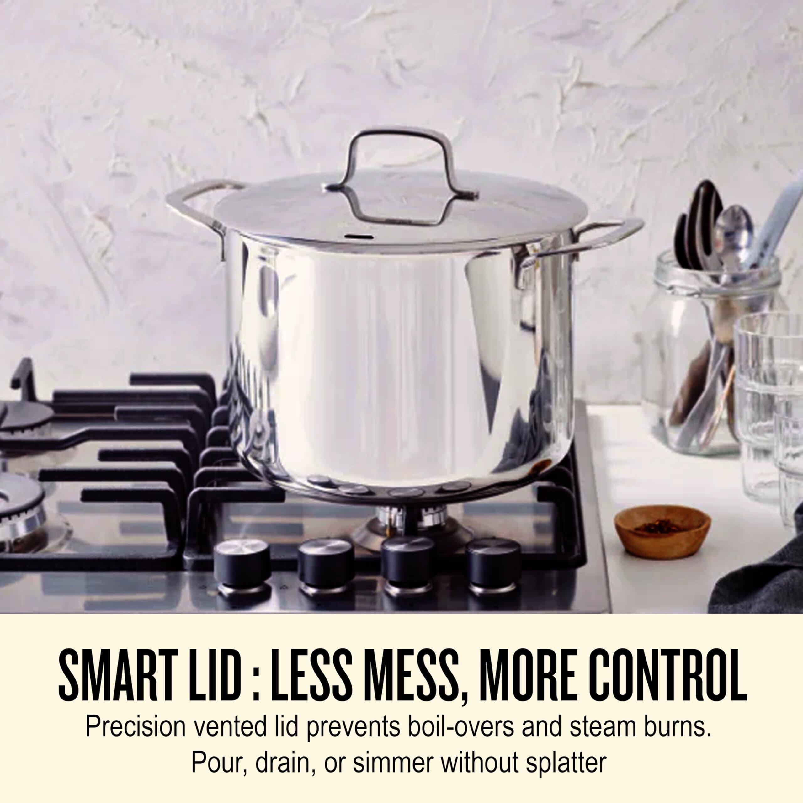 SMART LID: LESS MESS, MORE CONTROL

Precision vented lid prevents boil-overs and steam burns. Pour, drain, or simmer without splatter.