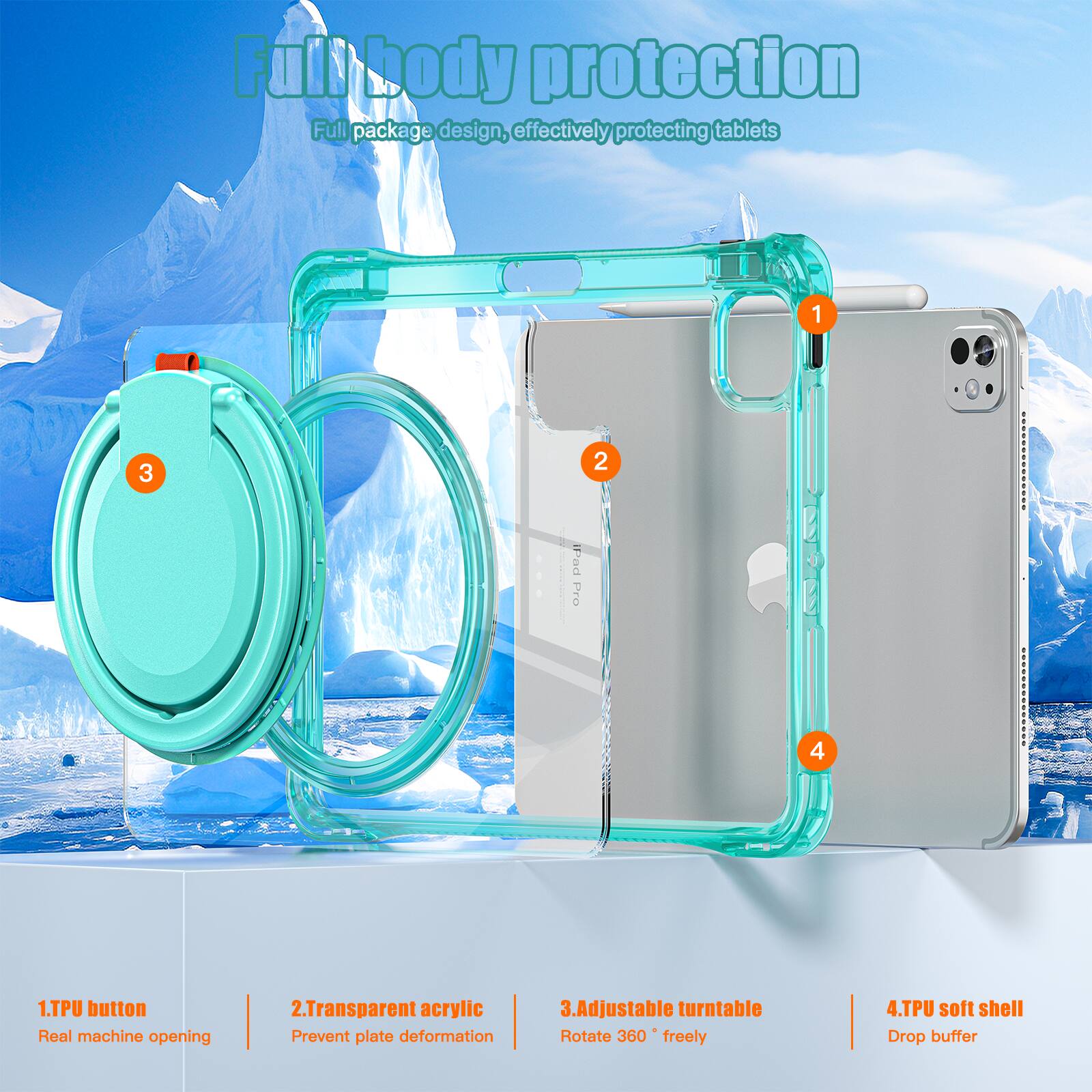 Full body protection  
Full package design, effectively protecting tablets  

1. TPU button  
Real machine opening  

2. Transparent acrylic  
Prevent plate deformation  

3. Adjustable turntable  
Rotate 360° freely  

4. TPU soft shell  
Drop buffer