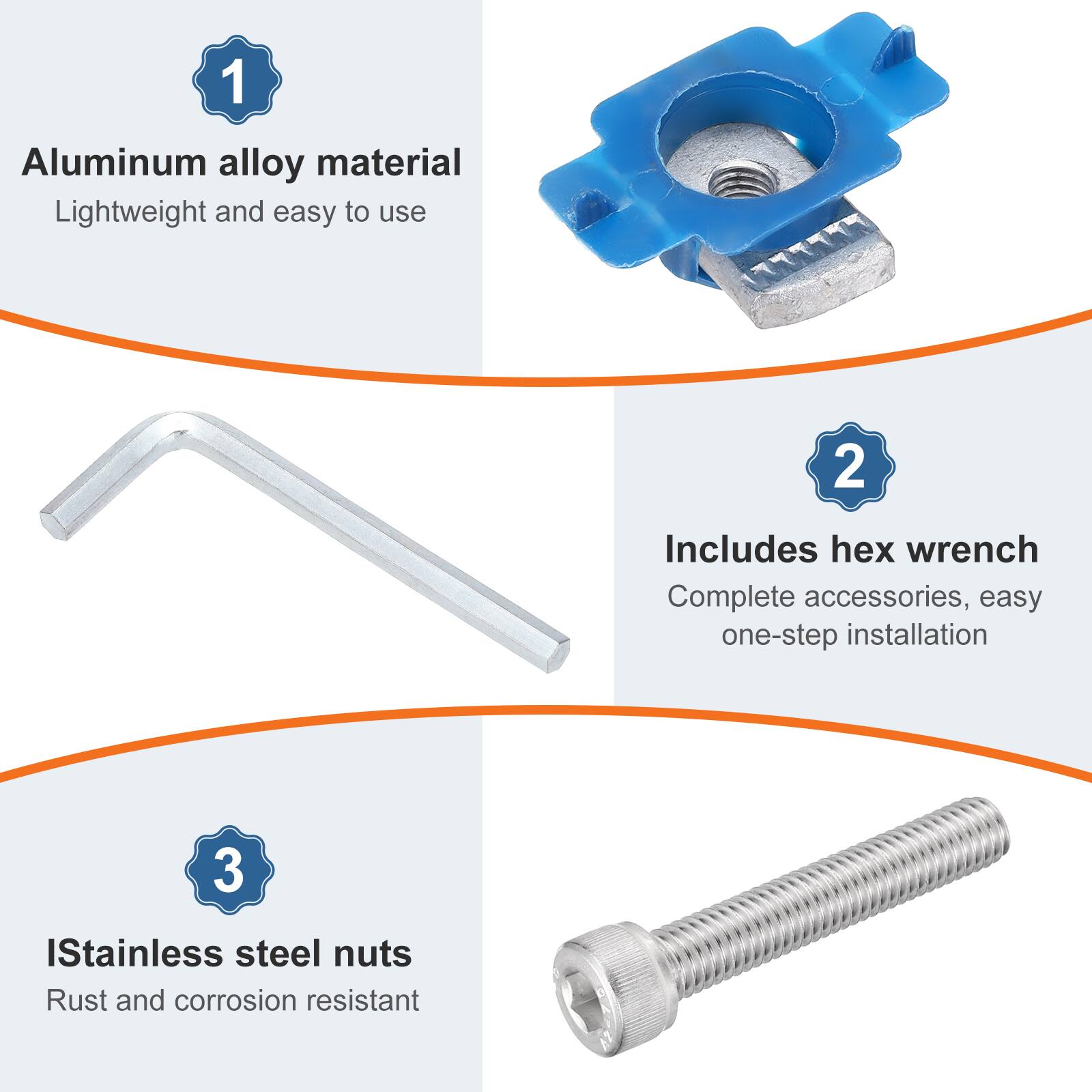 1. Aluminum alloy material
   - Lightweight and easy to use

2. Includes hex wrench
   - Complete accessories, easy one-step installation

3. Stainless steel nuts
   - Rust and corrosion resistant