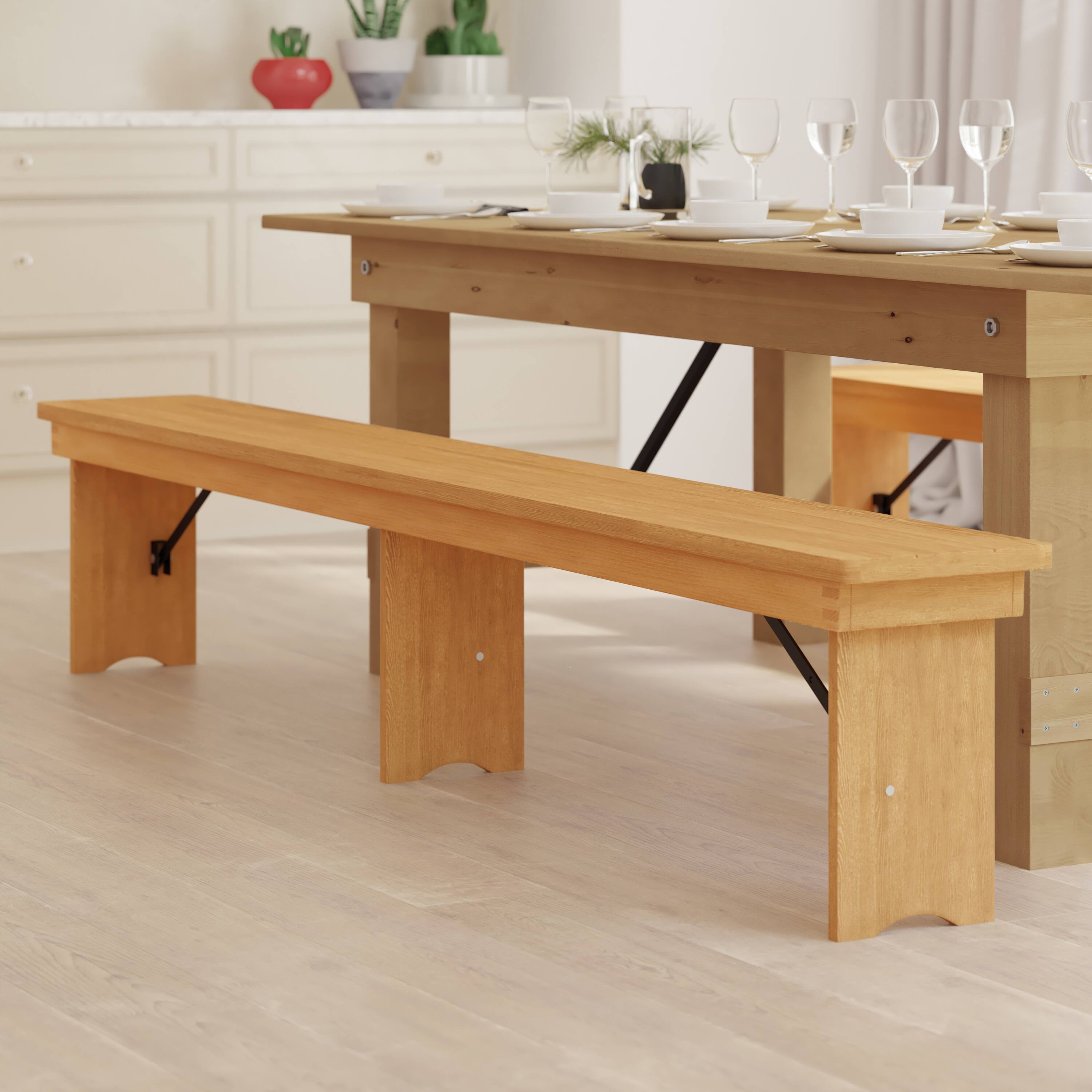 Alt View 1. Emma + Oliver - 8' x 12" Antique Rustic Solid Pine Folding Farm Bench - Portable Bench - Light Natural.