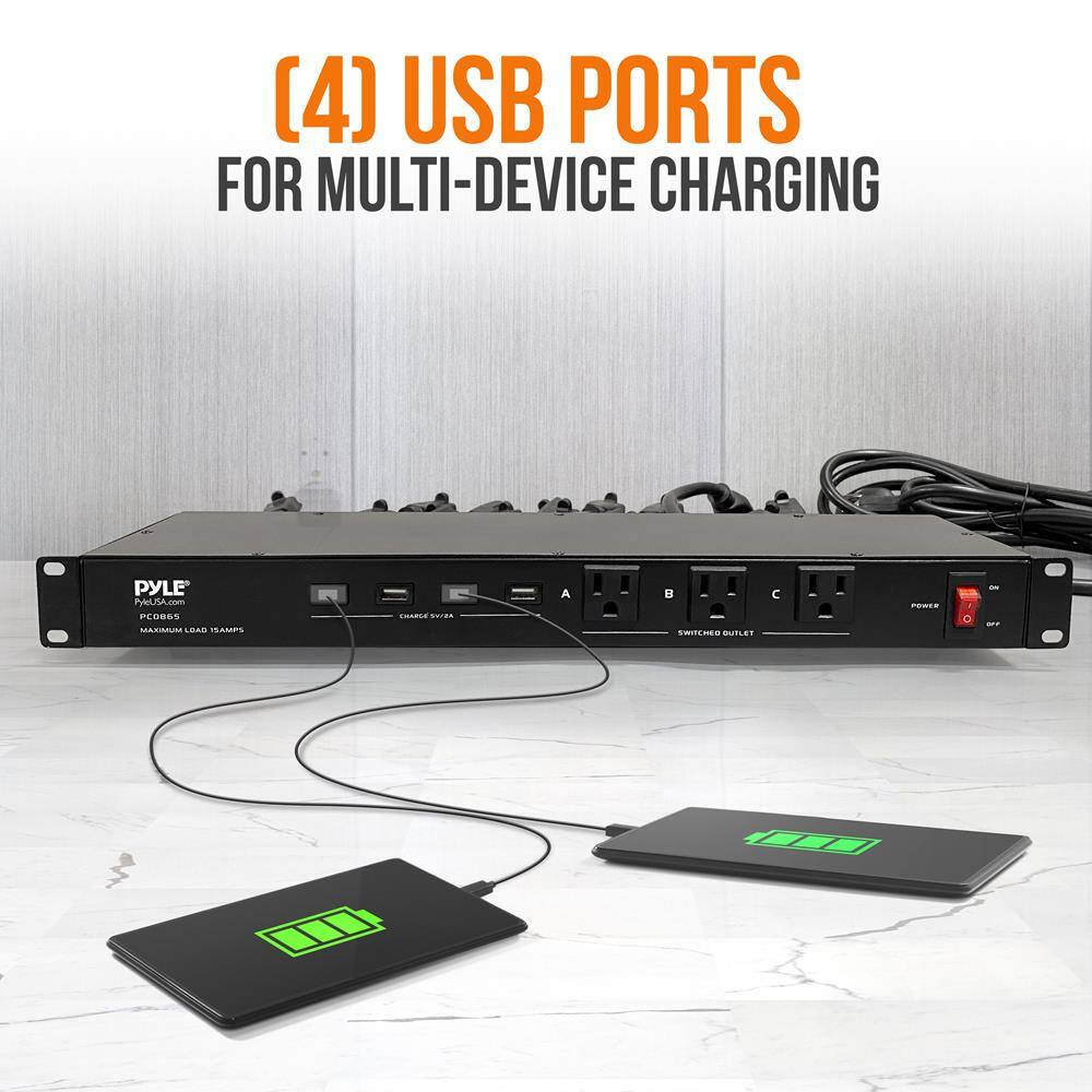 (4) USB Ports for Multi-Device Charging

PYLE
PYLEUSA.com
PYLE USB
PCOBE5
Maximum Load 15Amps

A B C
Switched Outlet

Power On/Off