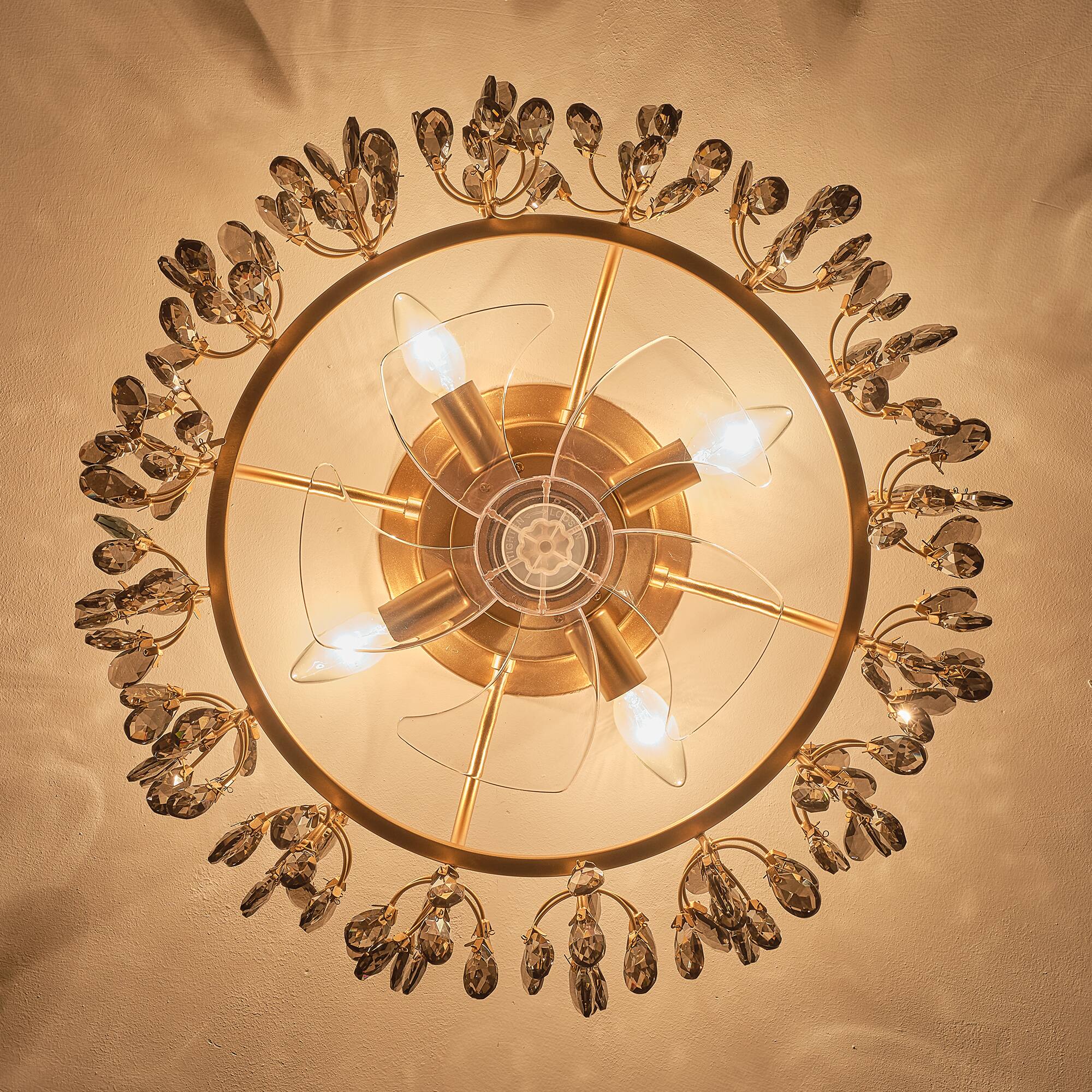 Alt View 10. Parrot Uncle - Modern American Black Crystal Flush Mount Chandelier Ceiling Fan with Remote and Retractable Blades - Gold.