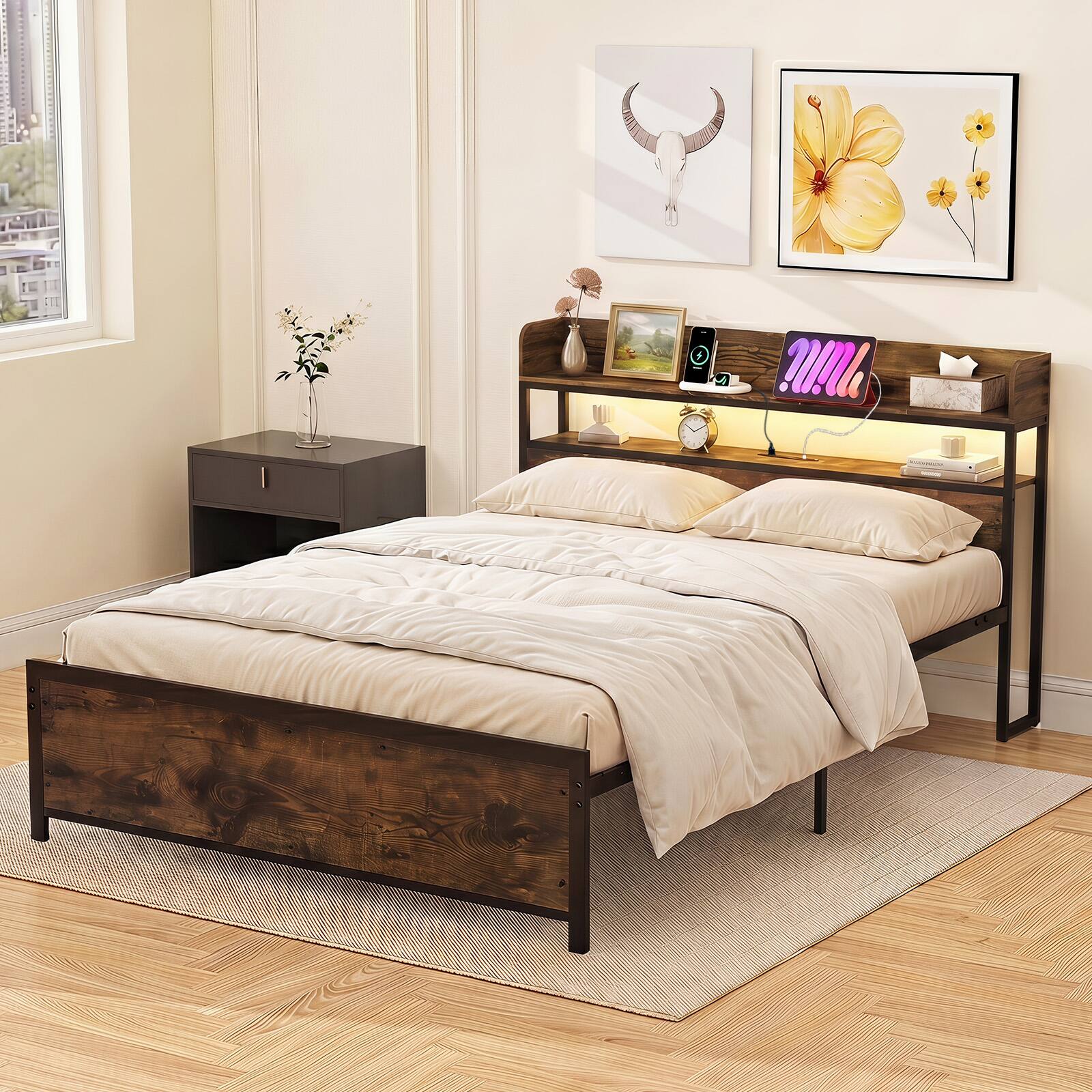 Alt View 4. Costway - Costway Queen Bed Frame with LED Lights Power Outlets Storage Headboard Metal Slat Support - Rustic Brown.