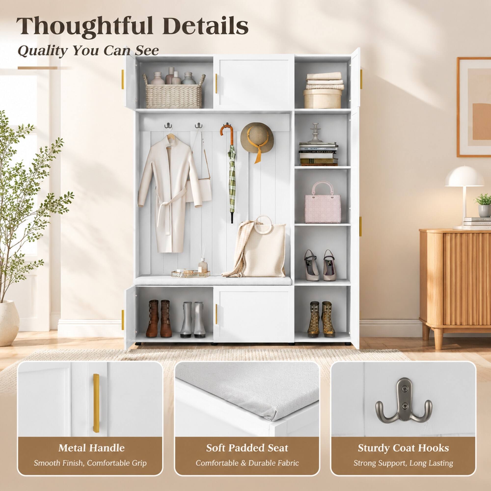 Thoughtful Details  
Quality You Can See

Metal Handle  
Smooth Finish, Comfortable Grip

Soft Padded Seat  
Comfortable & Durable Fabric

Sturdy Coat Hooks  
Strong Support, Long Lasting