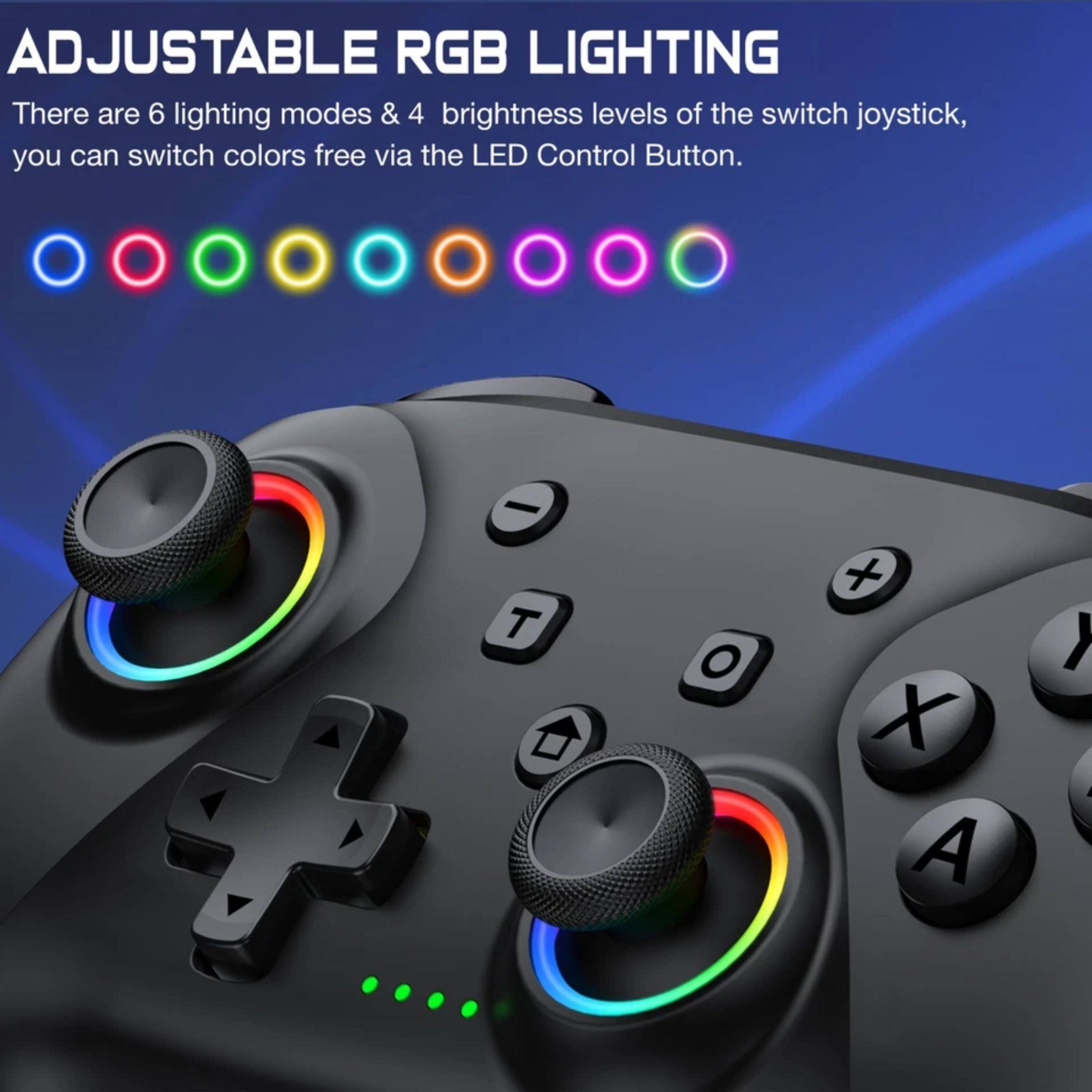 ADJUSTABLE RGB LIGHTING

There are 6 lighting modes & 4 brightness levels of the switch joystick, you can switch colors free via the LED Control Button.