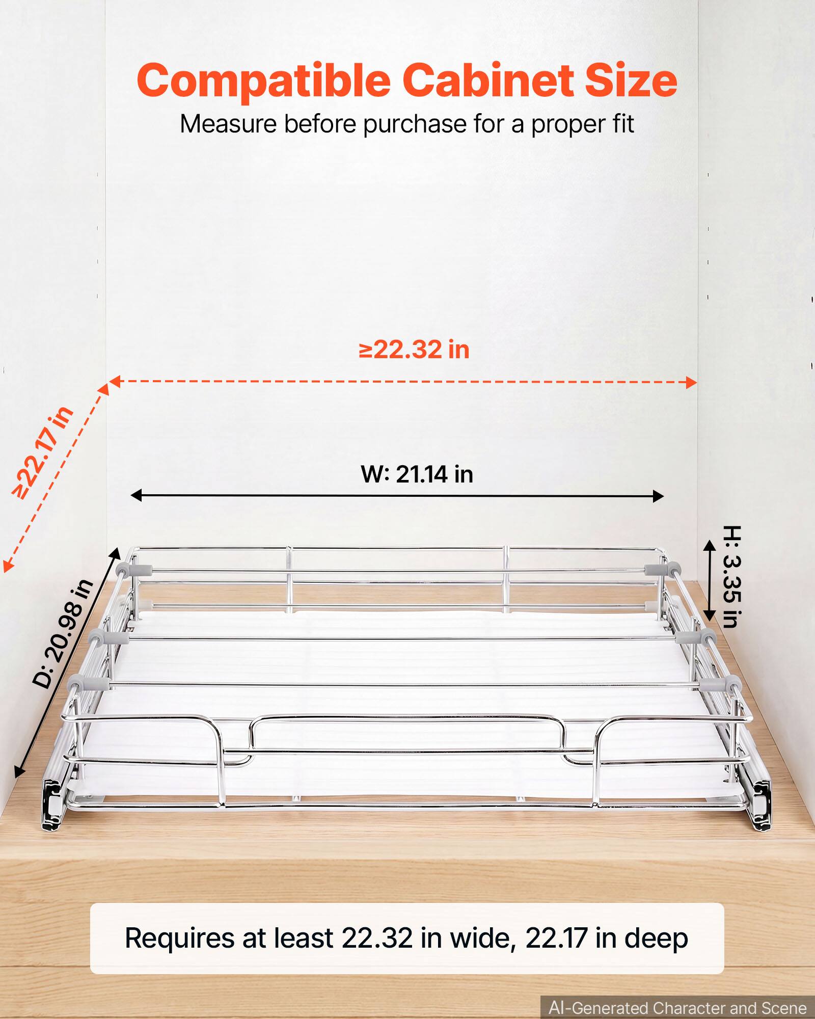 Compatible Cabinet Size  
Measure before purchase for a proper fit

D: 22.17 in  
20.98 in  
W: 21.14 in  
H: 3.35 in  

Requires at least 22.32 in wide, 22.17 in deep