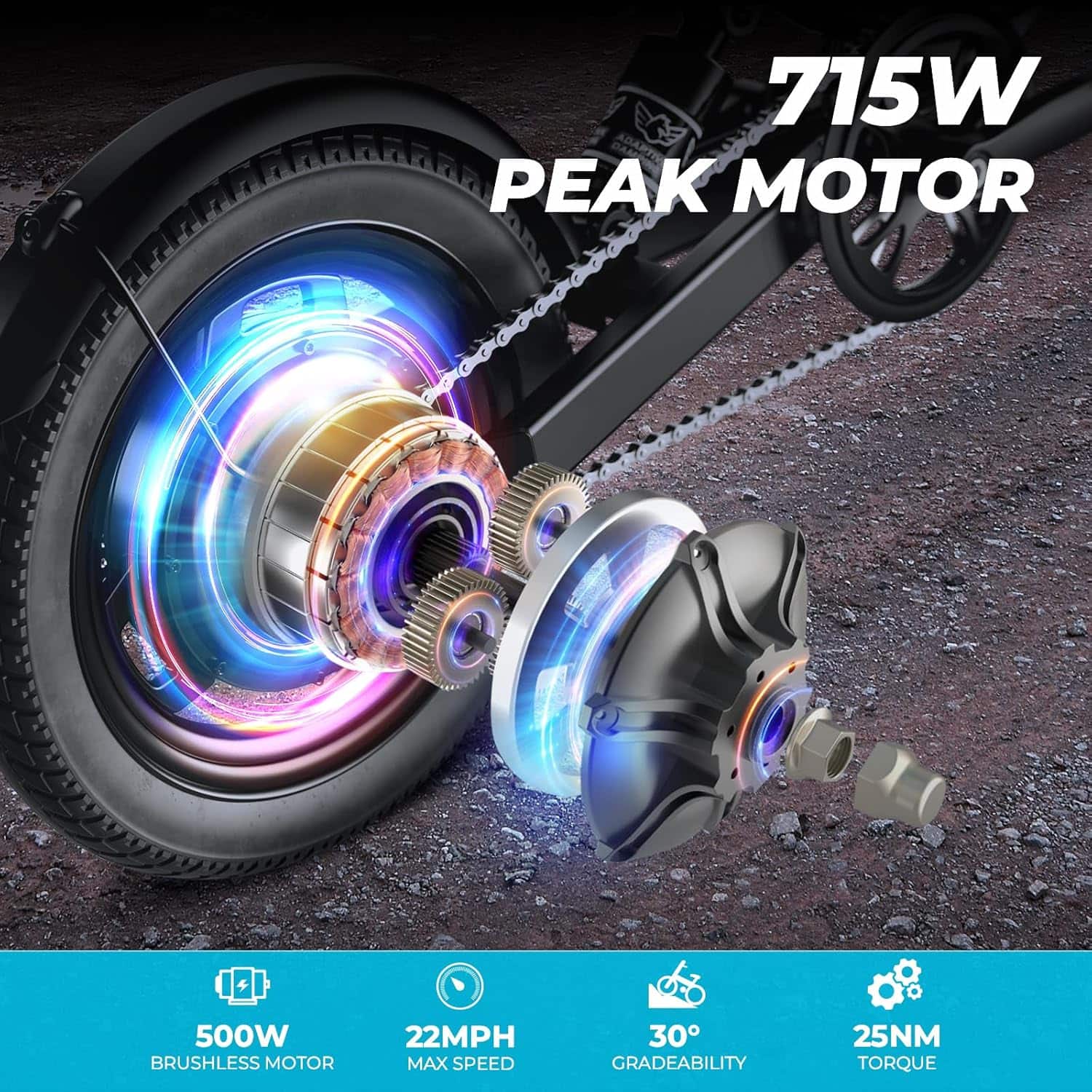 715W PEAK MOTOR
500W BRUSHLESS MOTOR
22MPH MAX SPEED
30° GRADEABILITY
25NM TORQUE