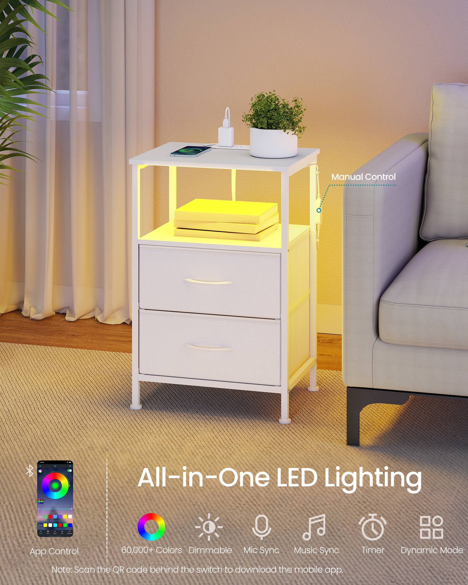 Manual Control All-in-One LED Lighting App Control 60,000+ Colors Dimmable Mic Sync Music Sync Timer Dynamic Mode

Note: Scan the QR code behind the switch to download the mobile app.