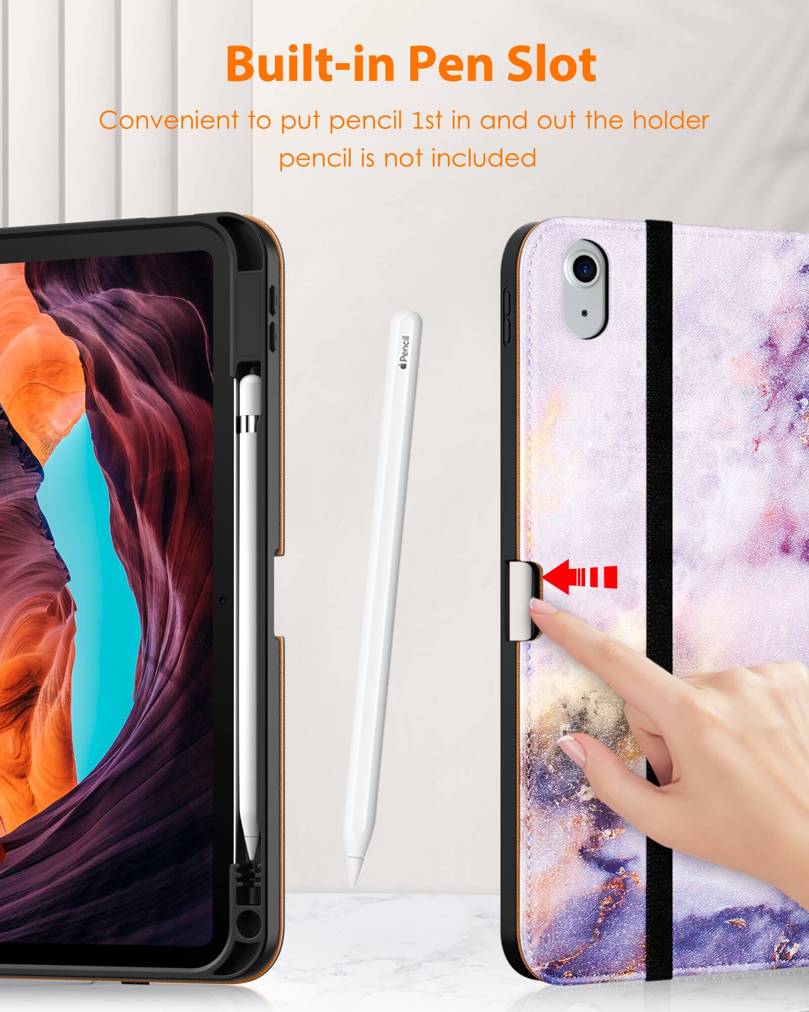 Built-in Pen Slot  
Convenient to put pencil 1st in and out the holder  
pencil is not included