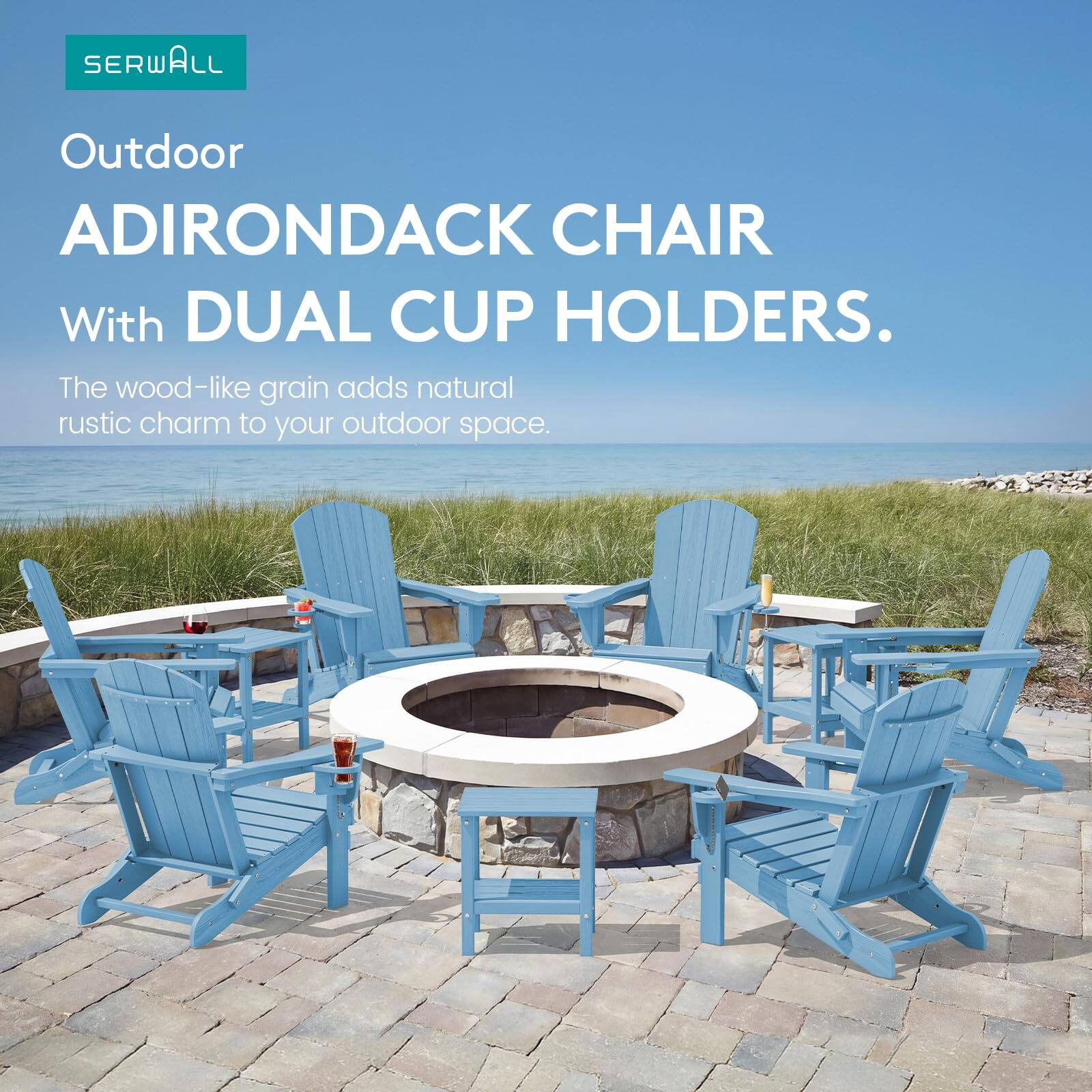 SERWALL Outdoor ADIRONDACK CHAIR With DUAL CUP HOLDERS. The wood-like grain adds natural rustic charm to your outdoor space.