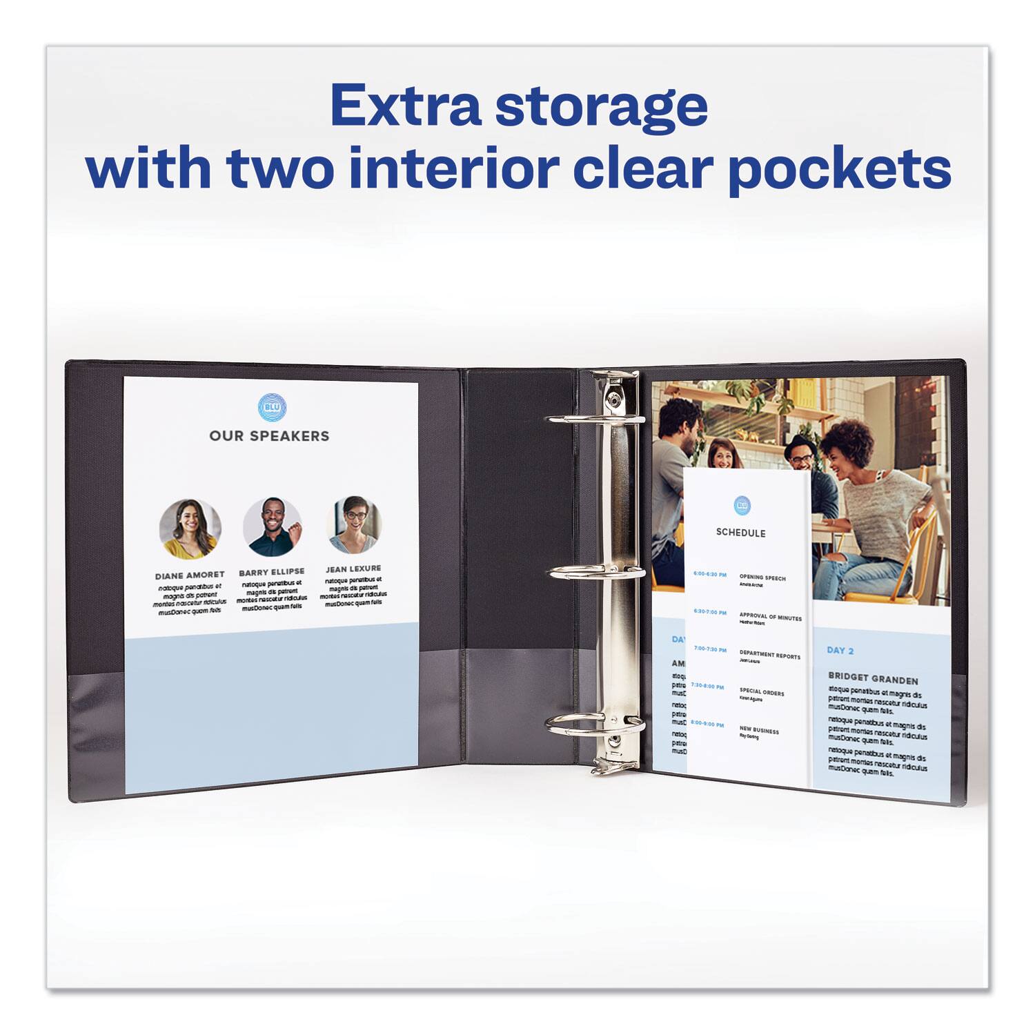 Extra storage with two interior clear pockets

OUR SPEAKERS
DIANE AMORET
BARRY ELLIPSE
JEAN LEXURE

SCHEDULE
DAY 1
AM
- 8:00 - 8:30 PM OPENING SPEECH
- 8:30 - 9:00 PM SPECIAL GUEST
- 9:00 - 9:30 PM NETWORKING

DAY 2
AM
- 8:00 - 8:30 PM DEPARTMENT REPORTS
- 8:30 - 9:00 PM SPECIAL GUEST
- 9:00 - 9:30 PM NETWORKING

BRIDGET GRANDEN