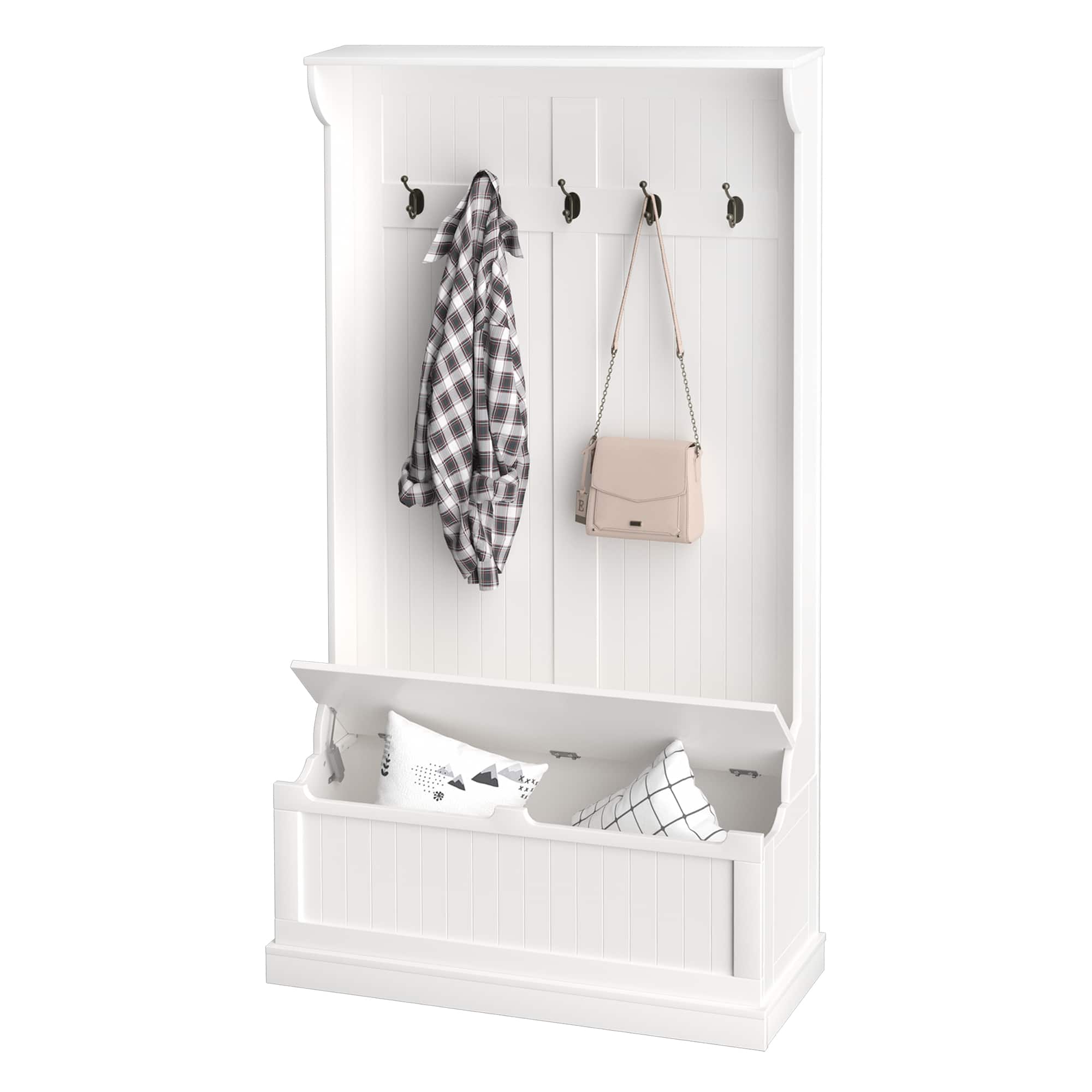 Homcom - Entryway Bench with Coat Rack, Hall Tree with Bench and Shoe Storage - Cream White