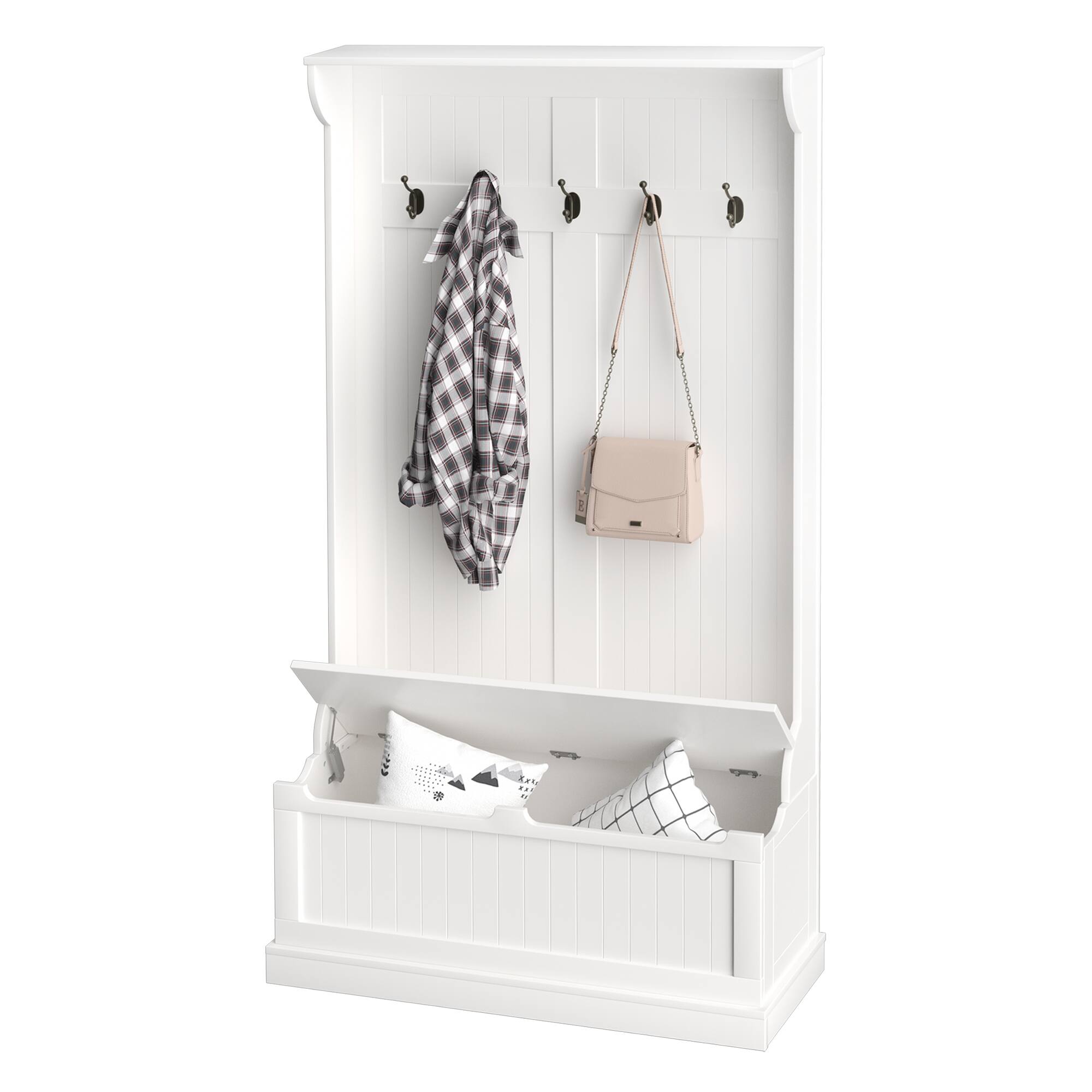 Homcom - Entryway Bench with Coat Rack, Hall Tree with Bench and Shoe Storage - Cream White