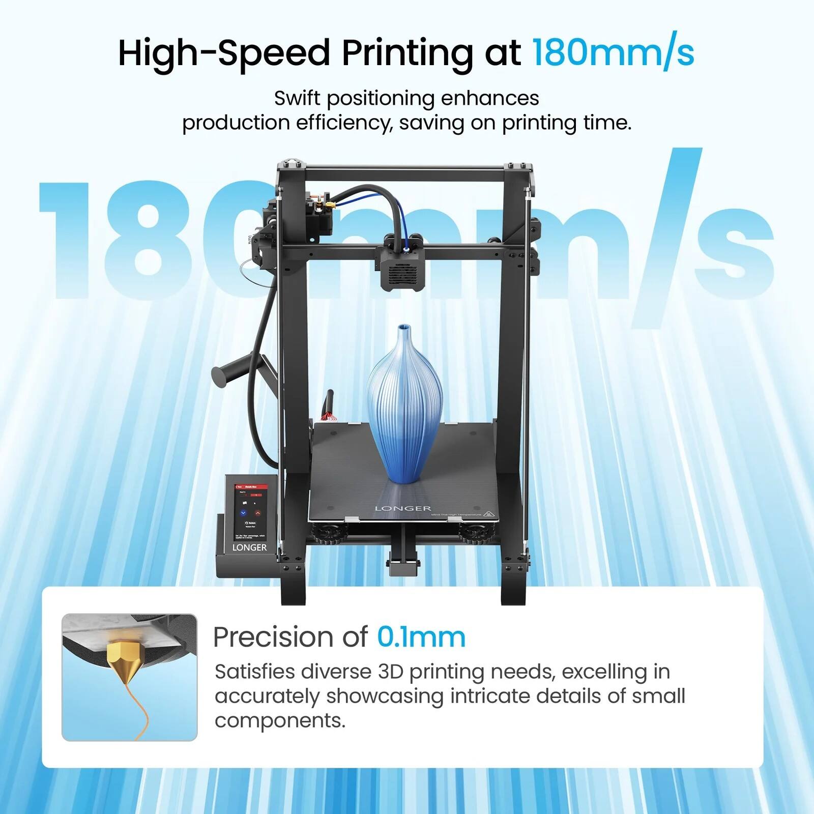 High-Speed Printing at 180mm/s  
Swift positioning enhances production efficiency, saving on printing time.  

Precision of 0.1mm  
Satisfies diverse 3D printing needs, excelling in accurately showcasing intricate details of small components.
