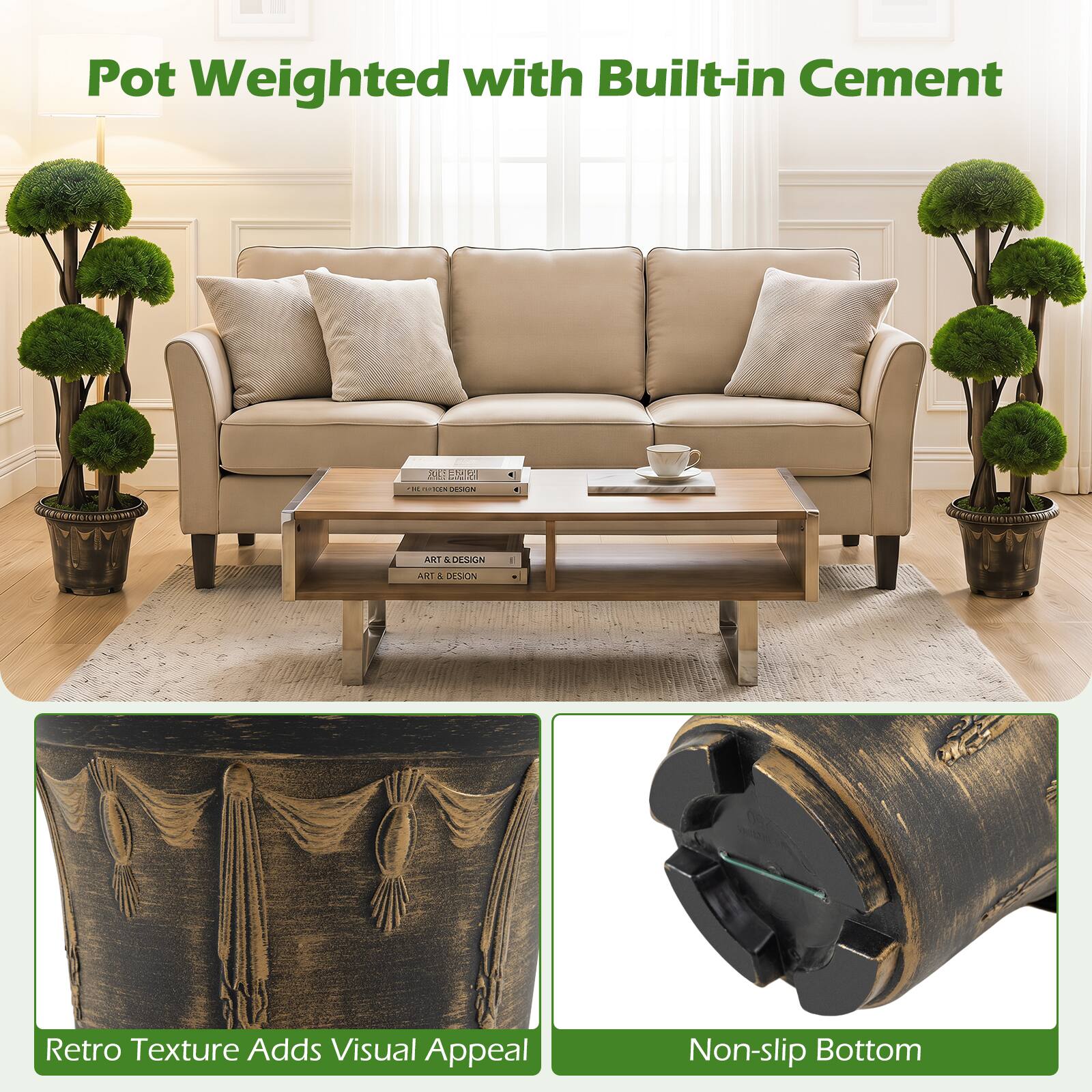 Pot Weighted with Built-in Cement

Retro Texture Adds Visual Appeal

Non-slip Bottom